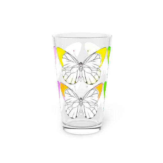 Rainbow Butterfly Pint Glass, 16oz Pink Yellow Green
