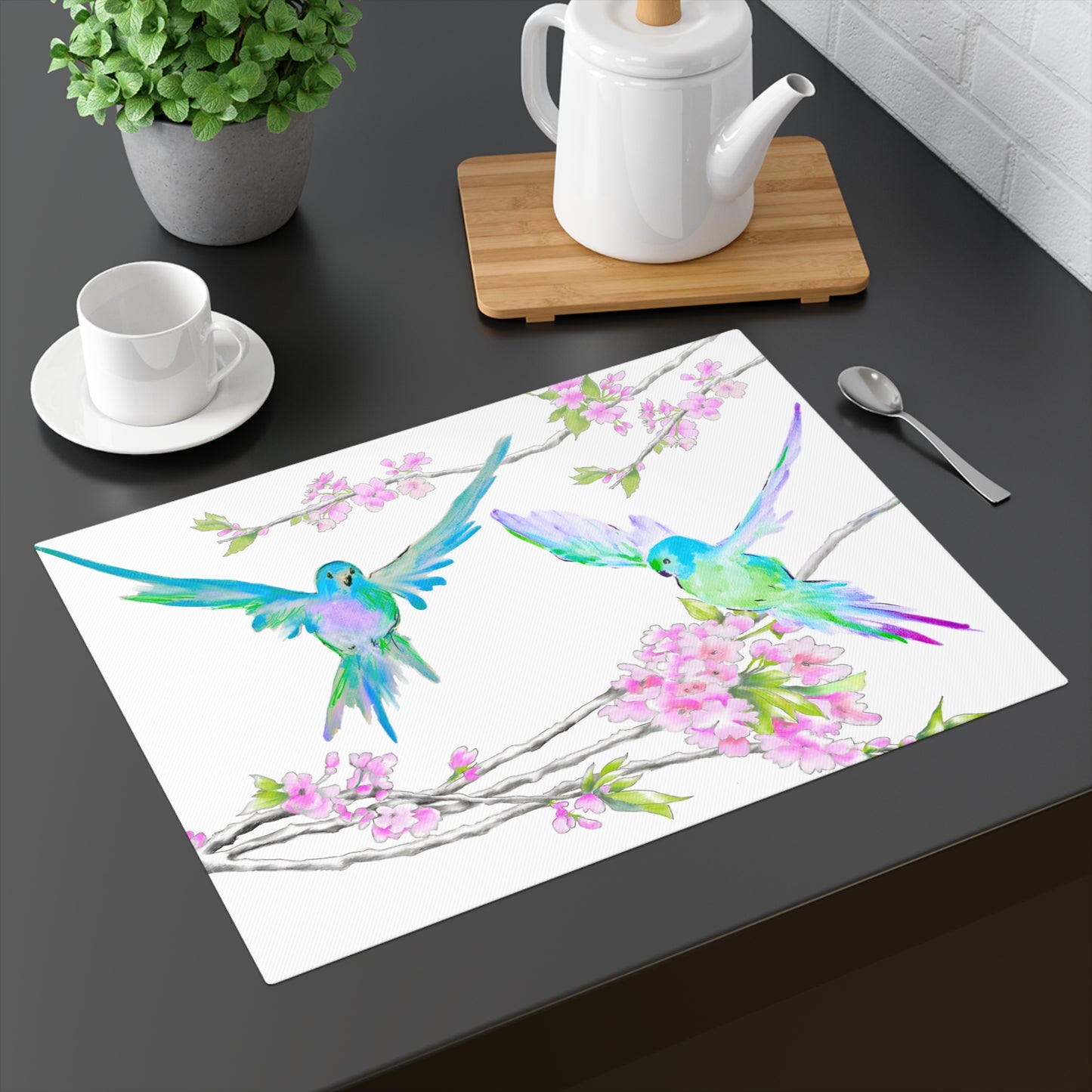 Blossoms & Birds In Aqua Blue Placemat, 1pc (18" × 14"). Cotton. Creamy White Background, #7 Left Side of the Table