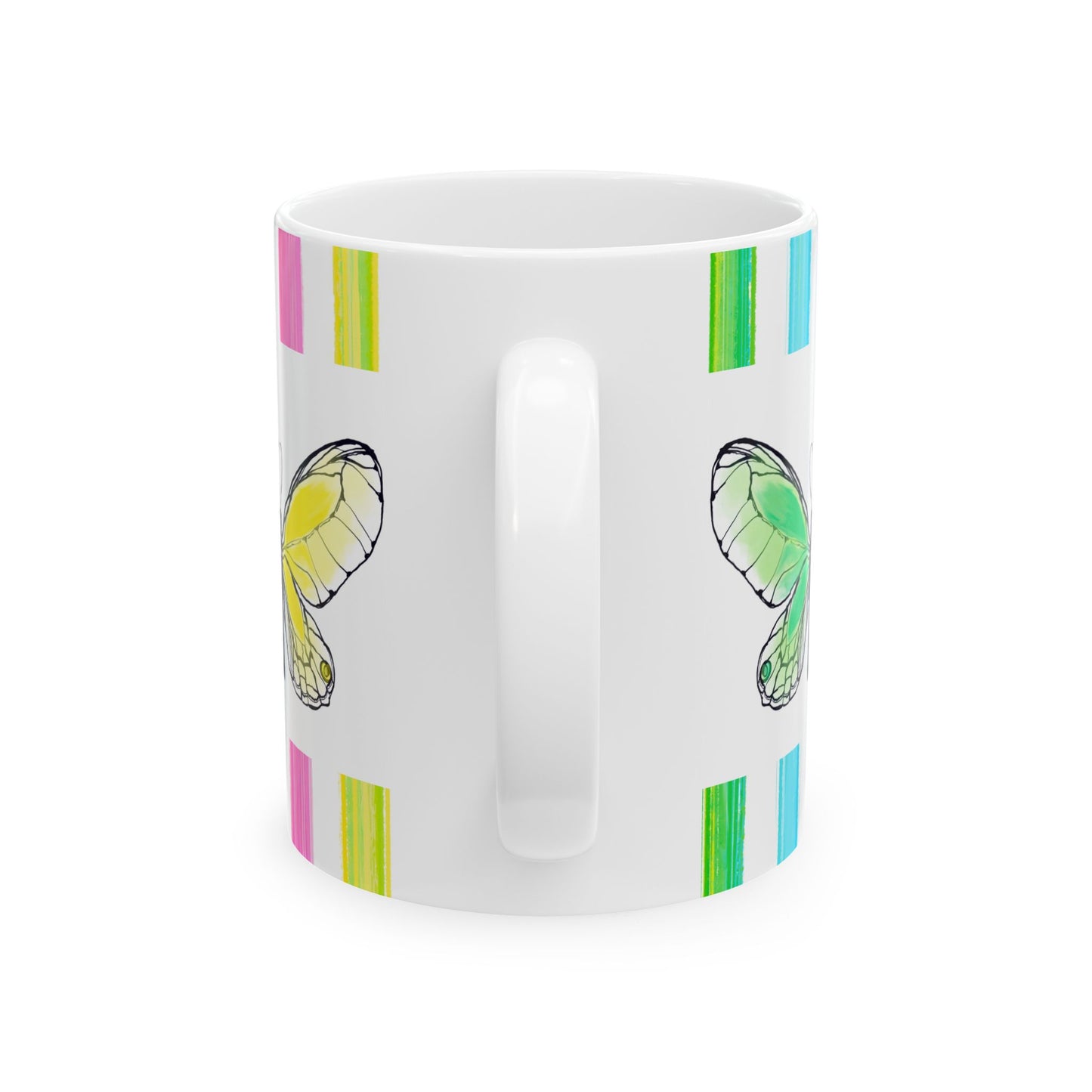 Butterfly Rainbow Stripe Ceramic Mug in Lavender, Yellow, and Green with Multi-color Striped Border, (Available in 2 sizes 11oz and 15oz)