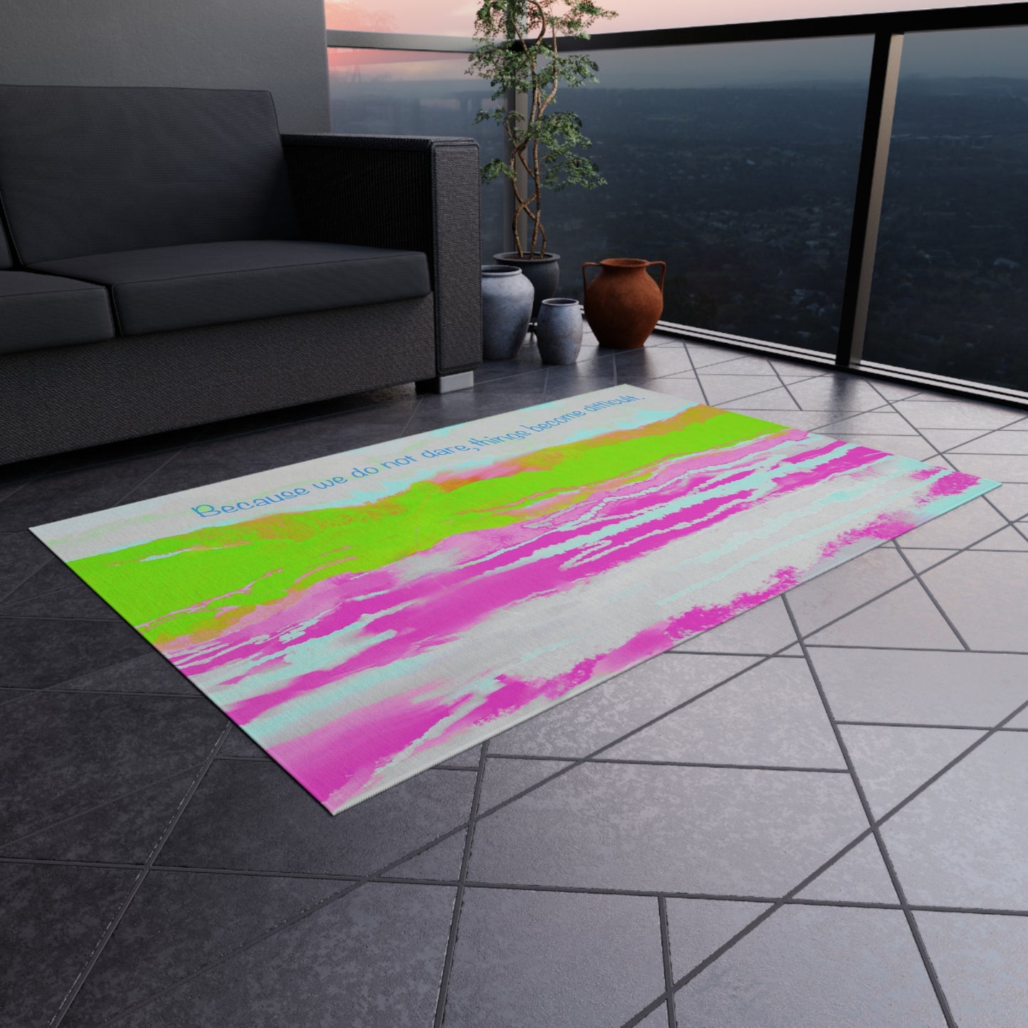 Inspirational Landscapes Indoor/Outdoor Rug "Because We Do Not Dare, Life Becomes Difficult" Green and Raspberry