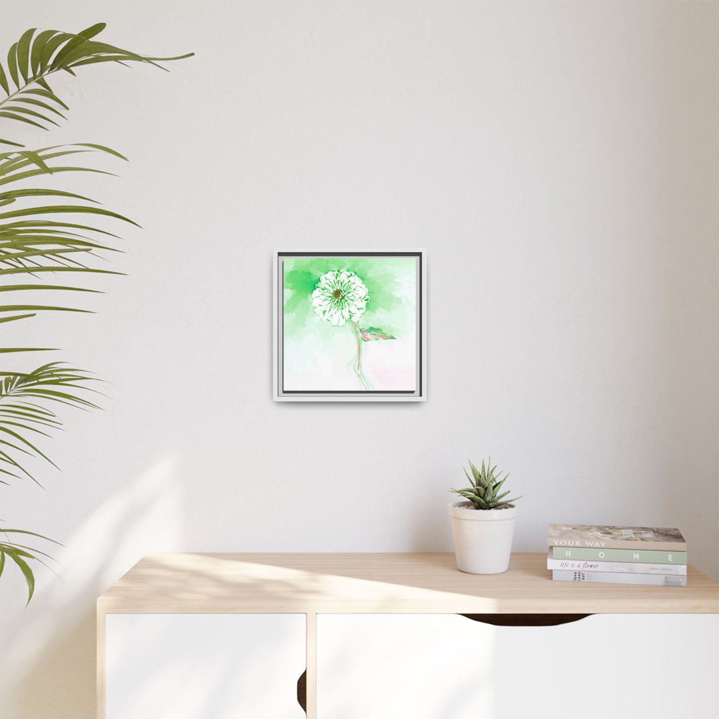 Zinnia Color Splash Matte Canvas Soft Green Framed