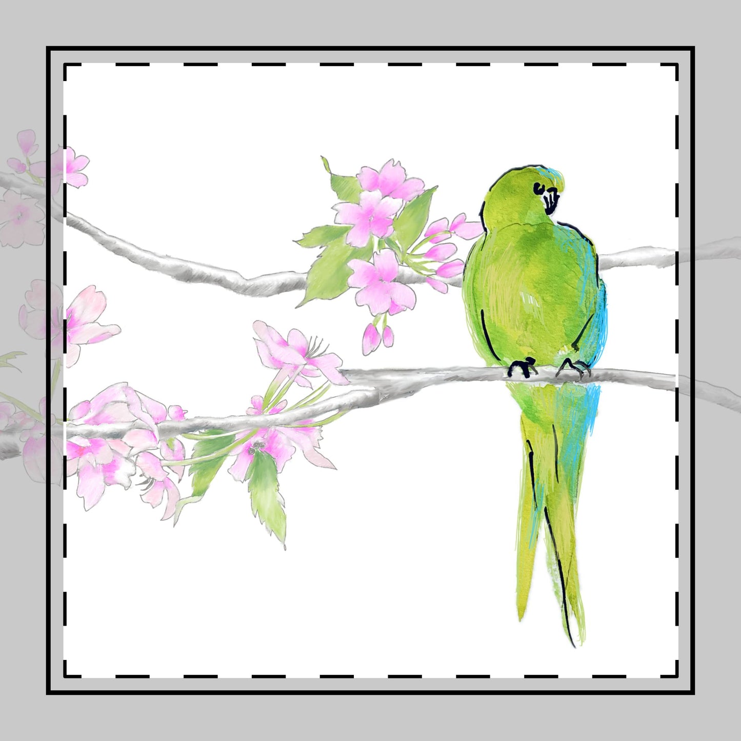 Blossoms & Birds in Lime-Green Poly Twill Napkin, Background Fabric Bright White