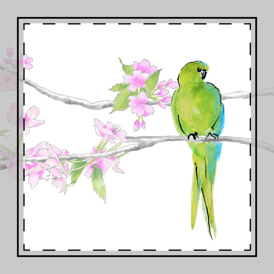 Blossoms & Birds in Lime-Green Poly Twill Napkin, Background Fabric Bright White