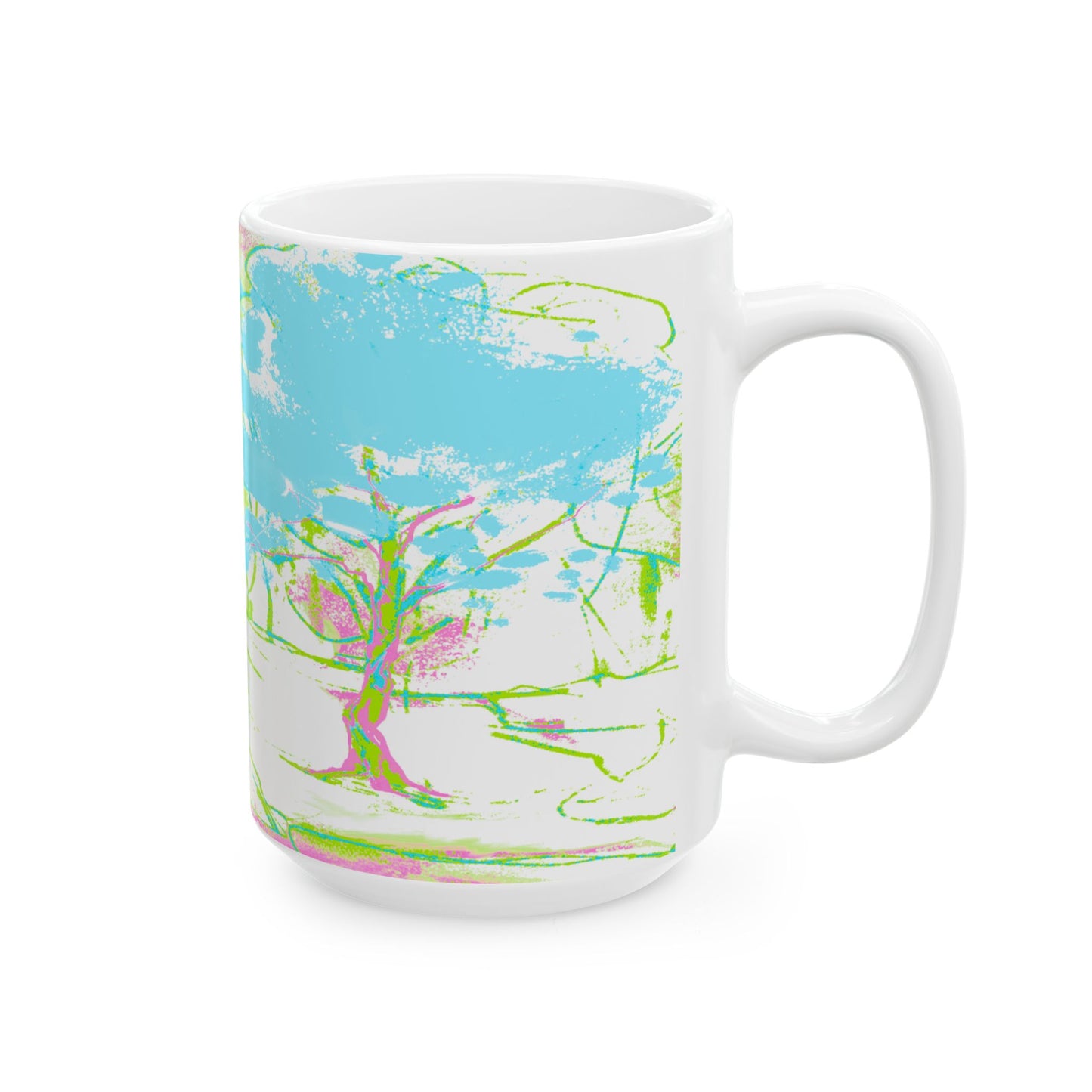 Joyful Landscapes Ceramic Mug in Lime Green and Aqua, 11oz, 15oz.