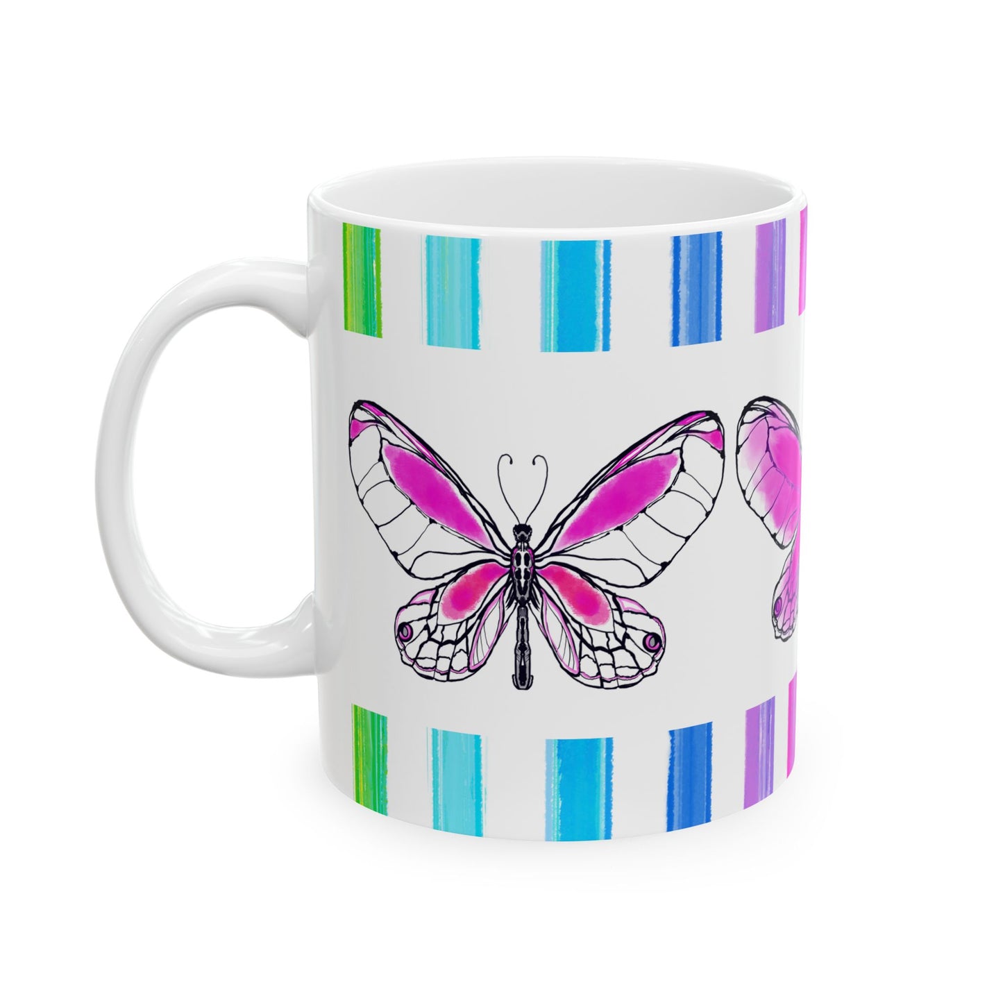 Butterfly Rainbow Stripe Ceramic Mug in Raspberry Pink with Multi-color Striped Border, (Available in 2 sizes 11oz and 15oz)