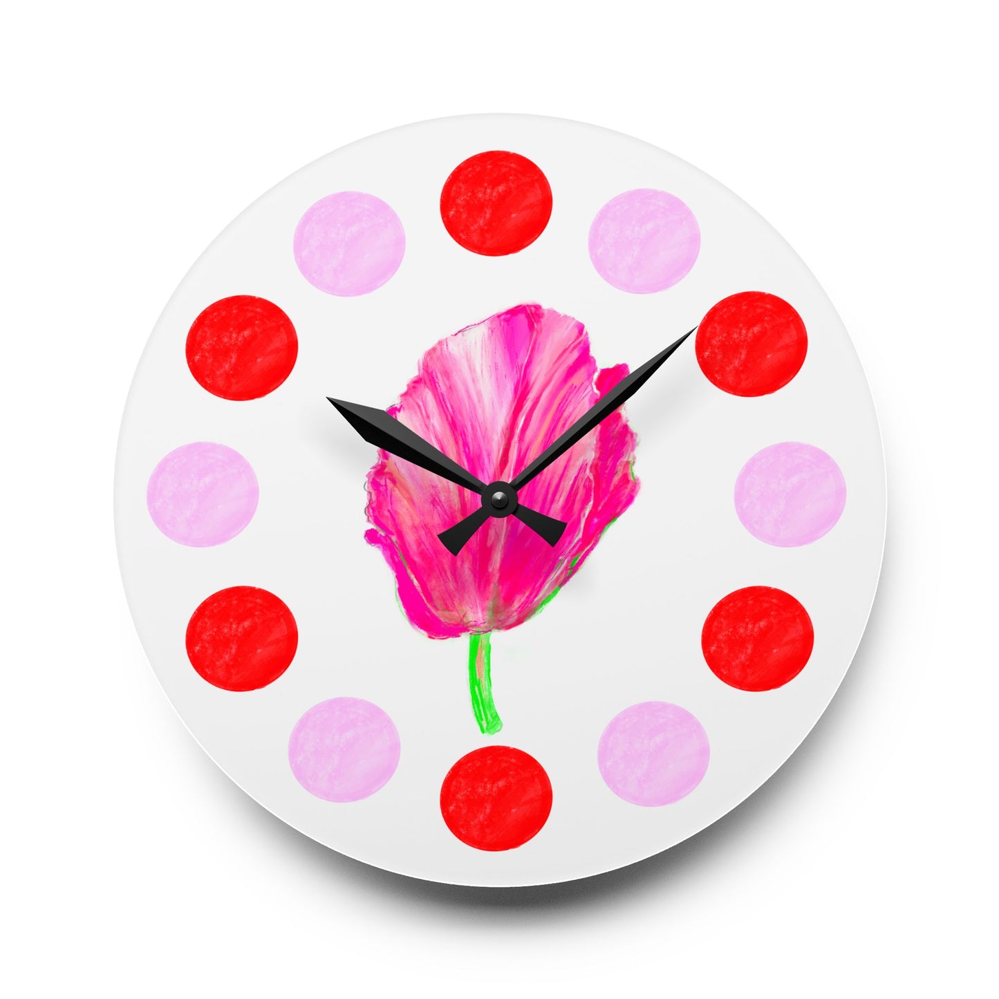 Tulip Love, Acrylic Wall Clock, Pink and Red polka dots tulip
