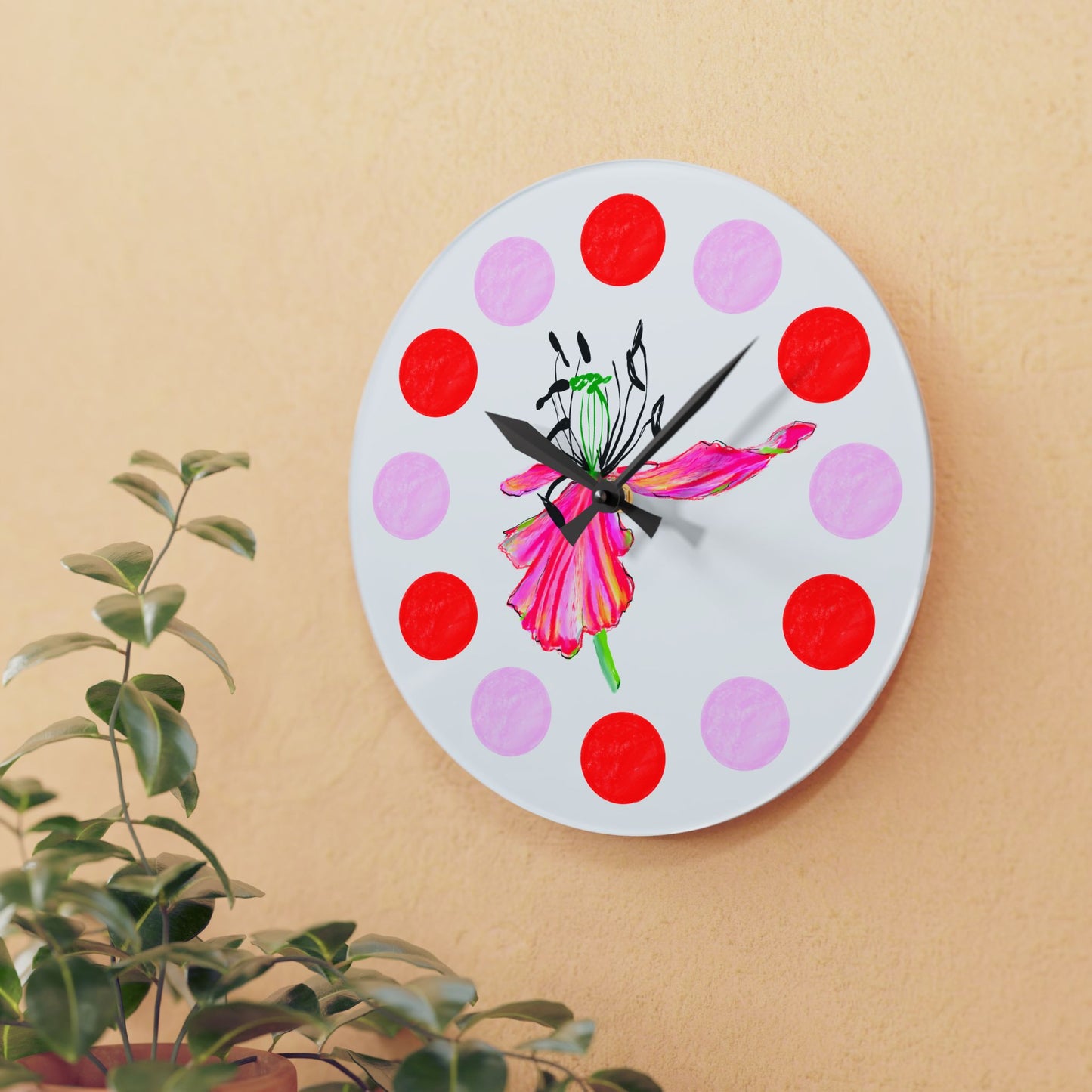 Tulip Love Acrylic Wall Clock, Pink and Red polka dots tulip