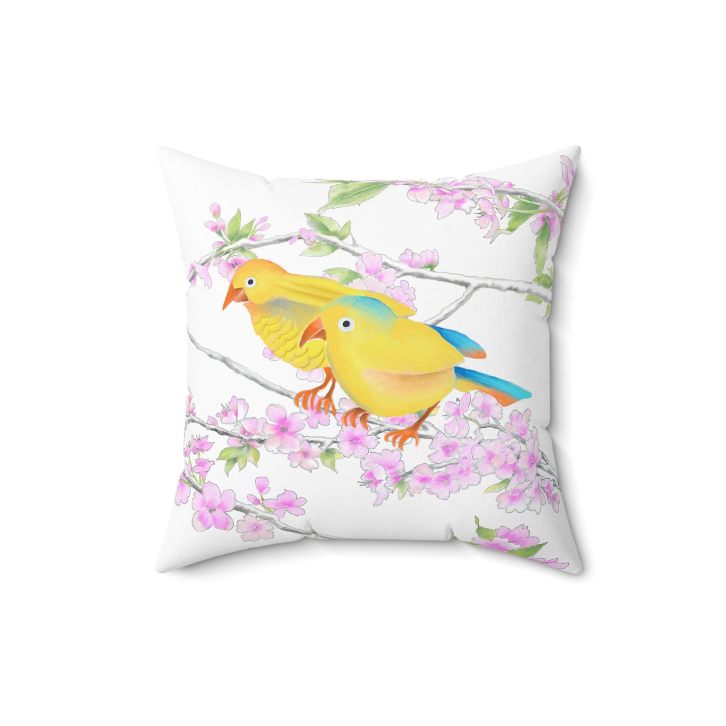 Cherry Chirp Spun Polyester Square Pillow Yellow, Blue Birds