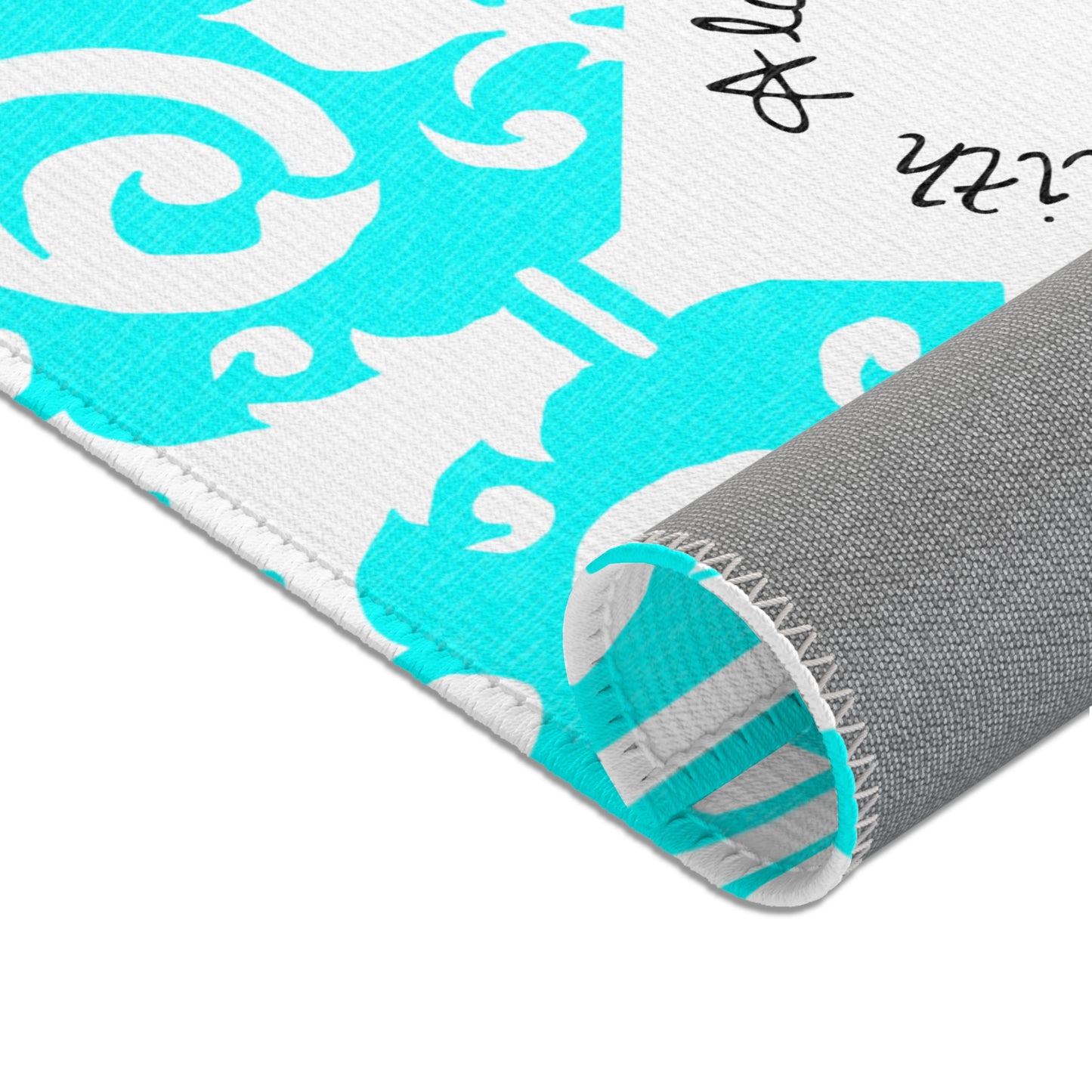 Scrollwork Indoor/Outdoor Rug Aqua "Sola Fide..."