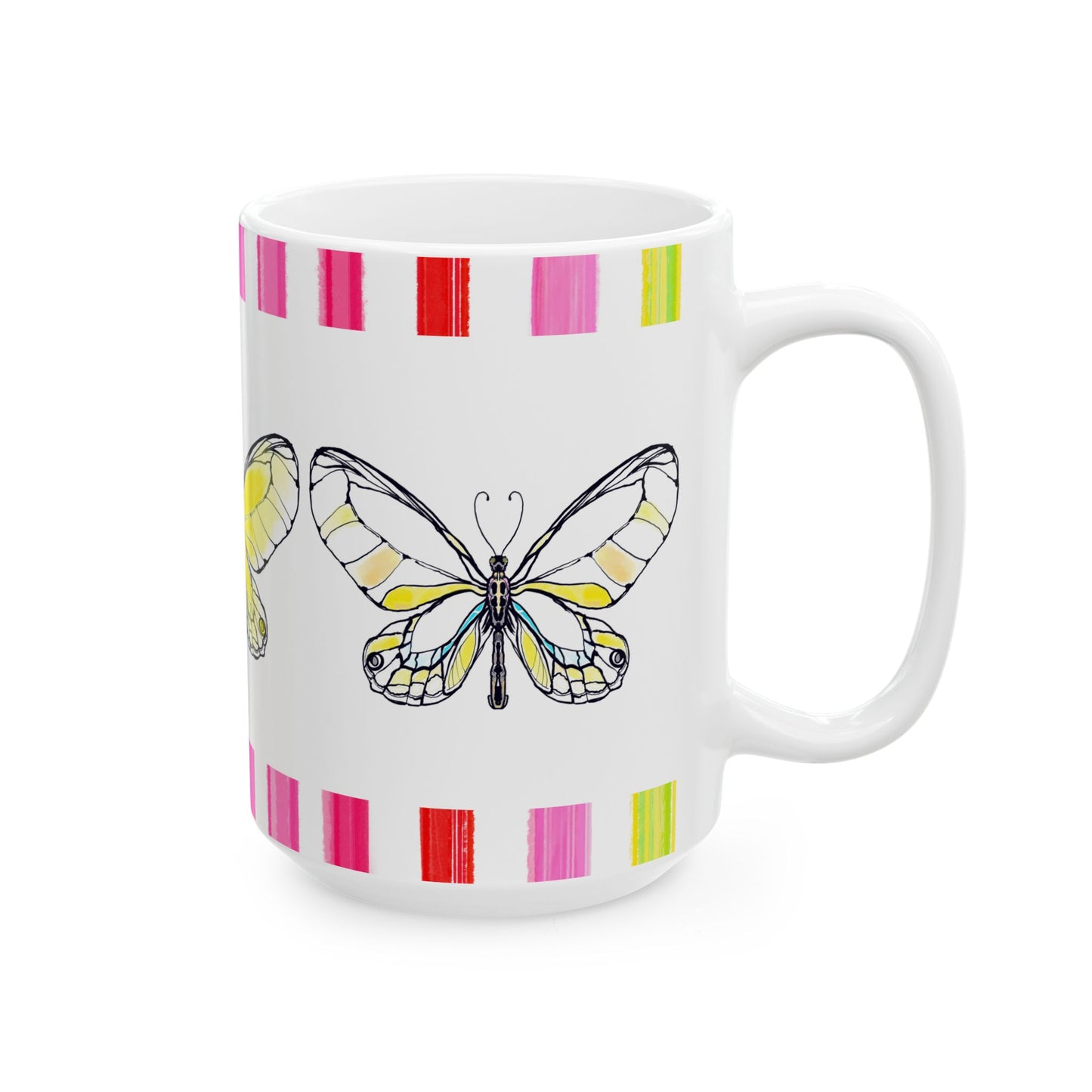 Butterfly Rainbow Stripe Ceramic Mug in Yellow with Multi-color Striped Border, (Available in 2 sizes 11oz and 15oz)