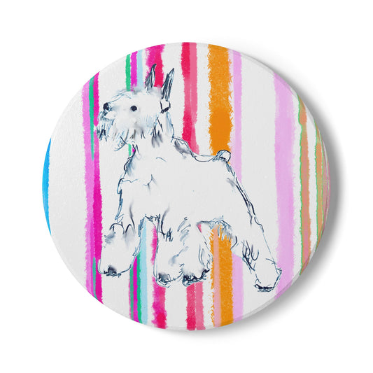 Dogi Fun Schnauzer  Doggie Ceramic Coaster in Multi-stripes