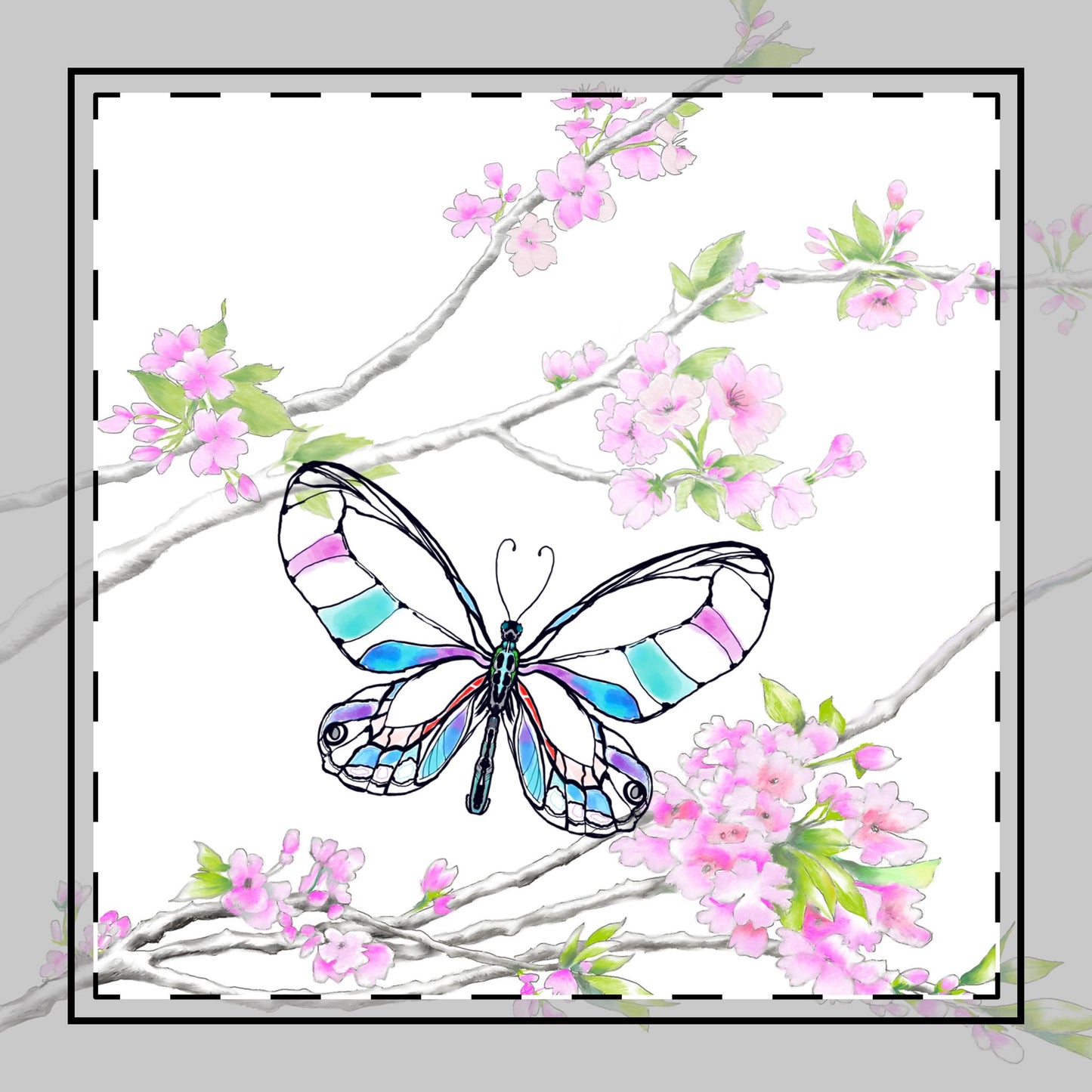 Butterfly Blossom Romp Cotton Twill Napkin , Aqua , Fabric Background Creamy White, #2