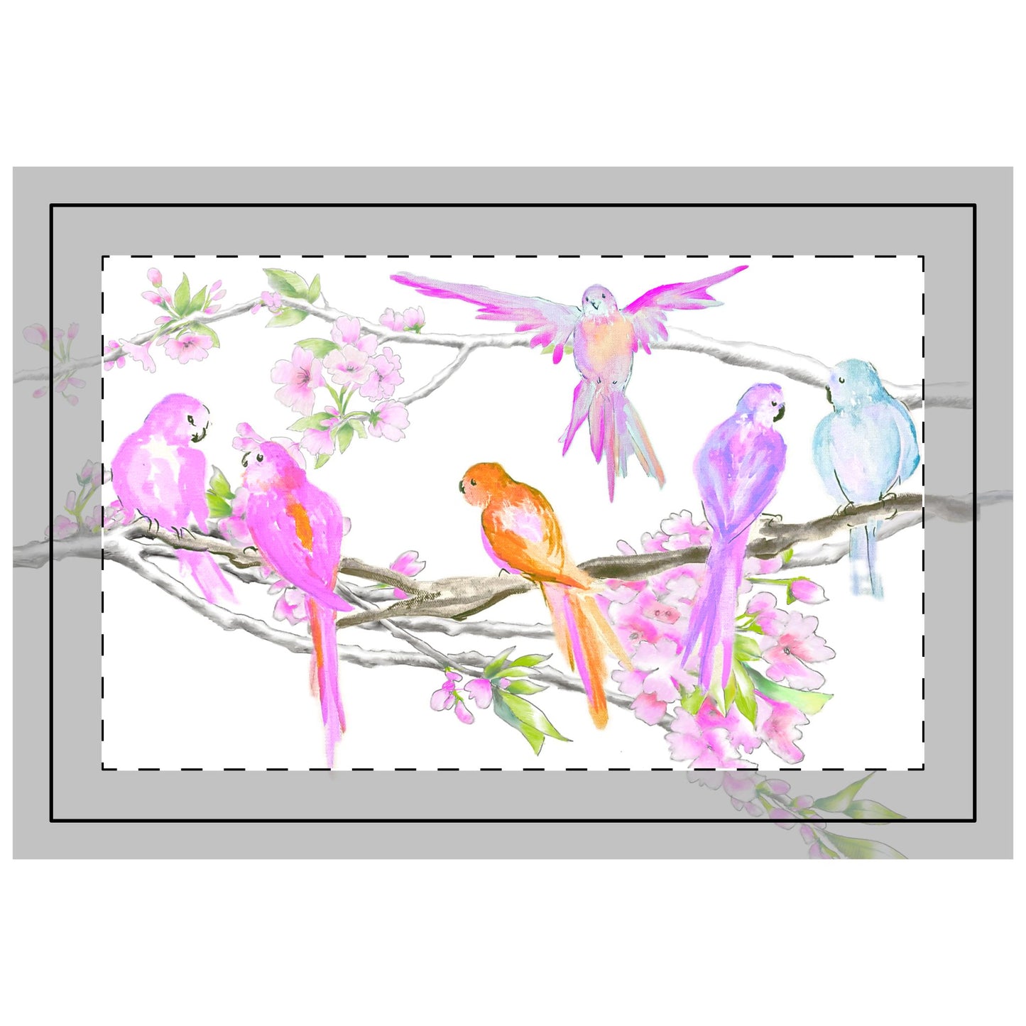 Blossoms & Birds in Pink ,Poly Quilted Placemat, Poly , Background Bright White, # 1, Head of Table
