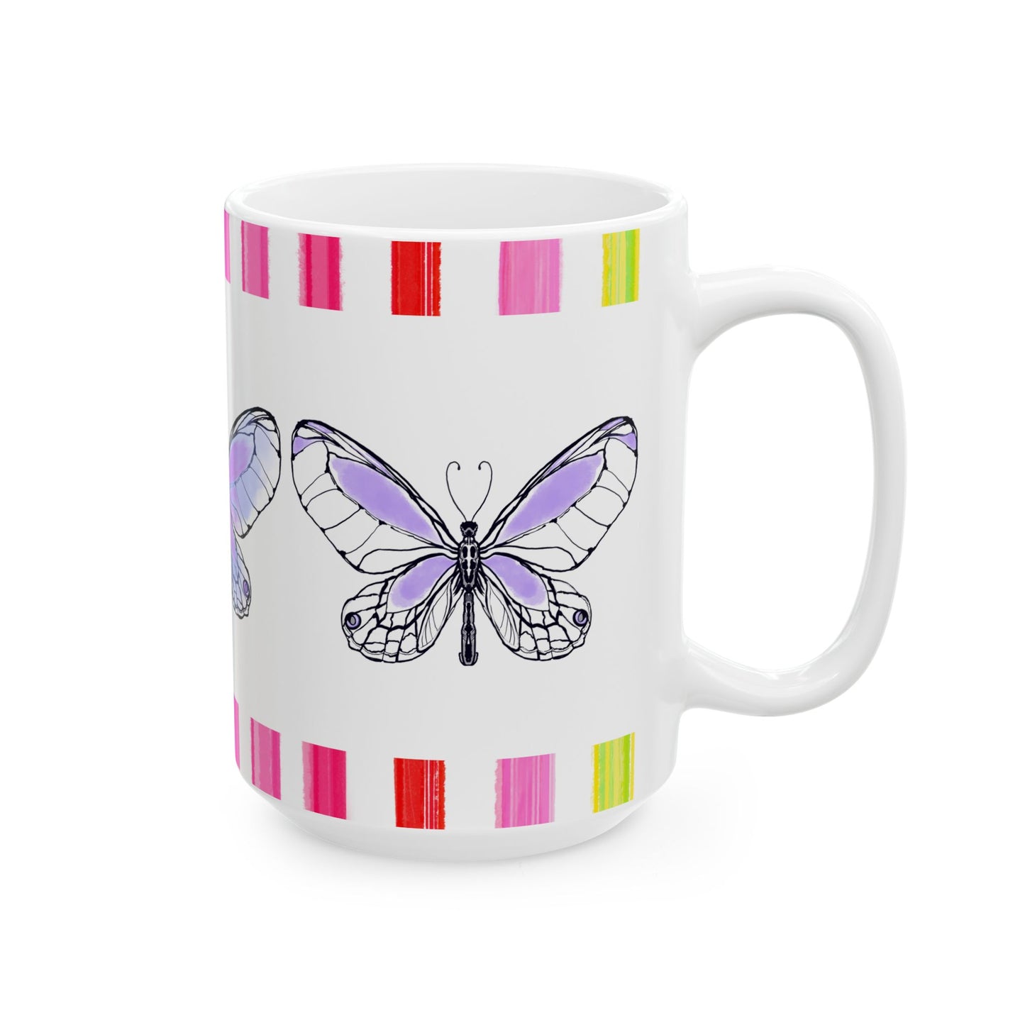 Butterfly Flutterstripe Ceramic Mug in Lavender with Multi-color Striped Border, (Available in 2 sizes 11oz and 15oz)