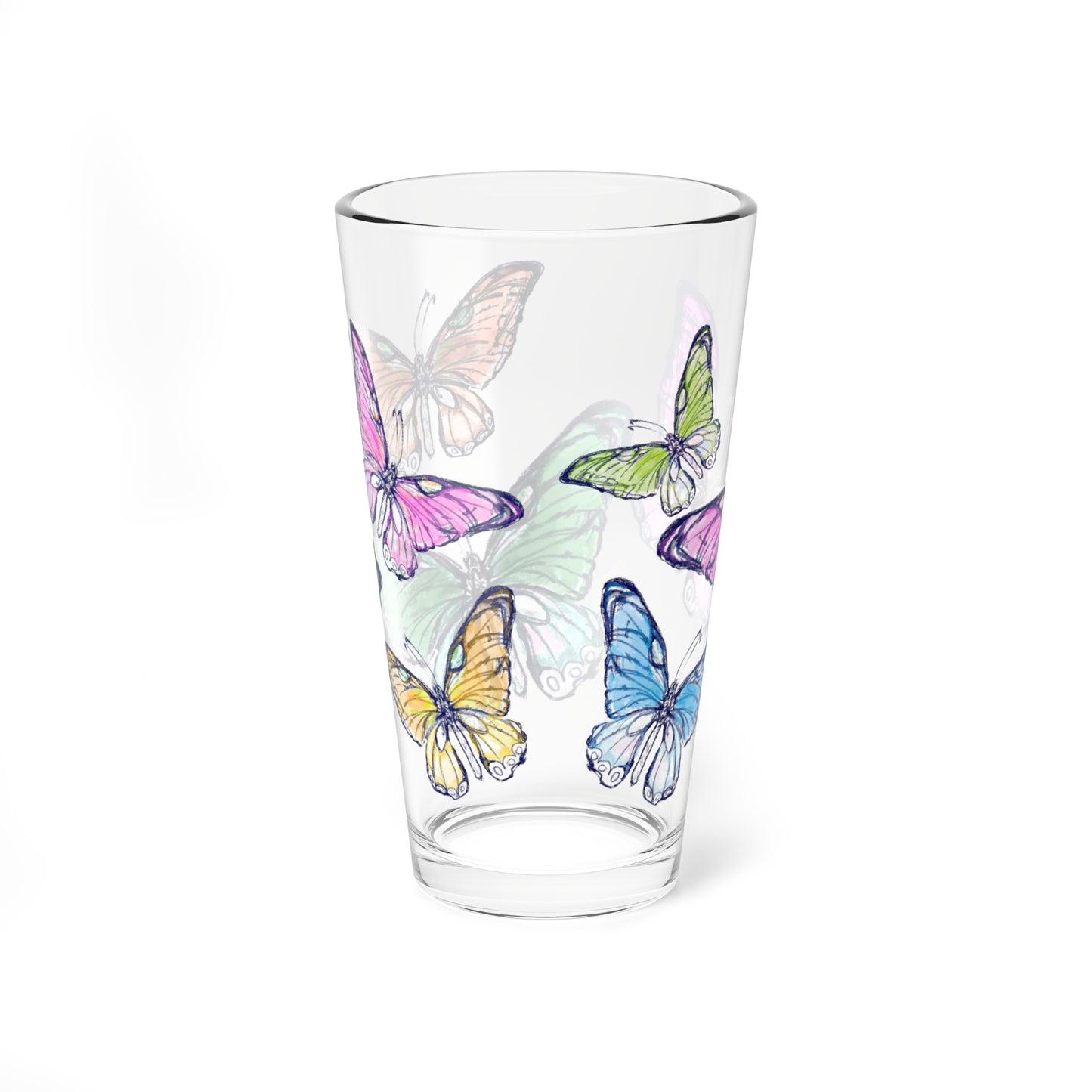 Blossom Whirl  Pint Glass 16oz, Largest Butterfly is Blue green