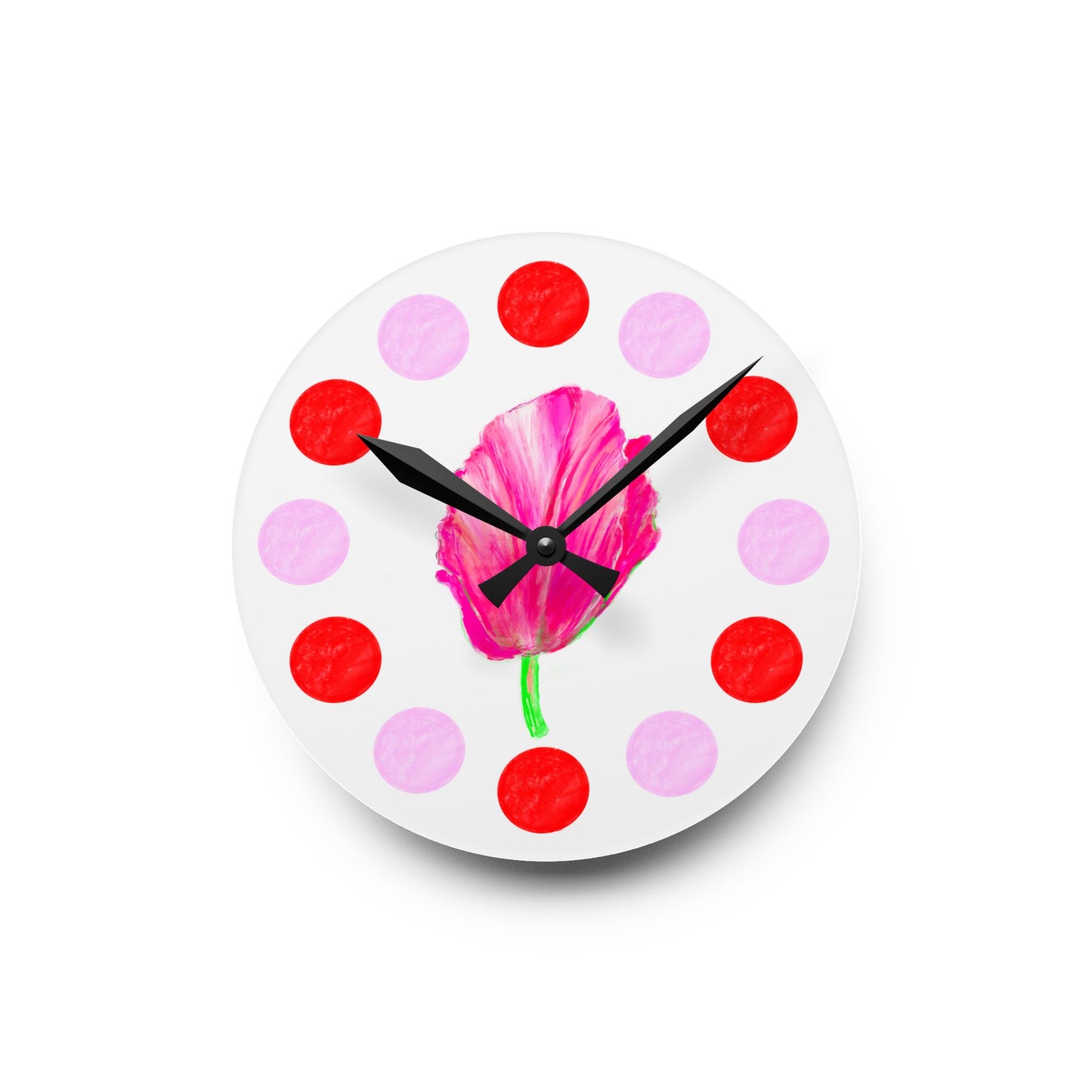 Tulip Love, Acrylic Wall Clock, Pink and Red polka dots tulip