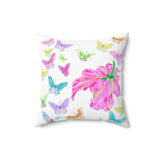 Dancing Tulips Butterflies Spun Polyester Square Pillow. Multi-Color Butterflies, Pink Tulip