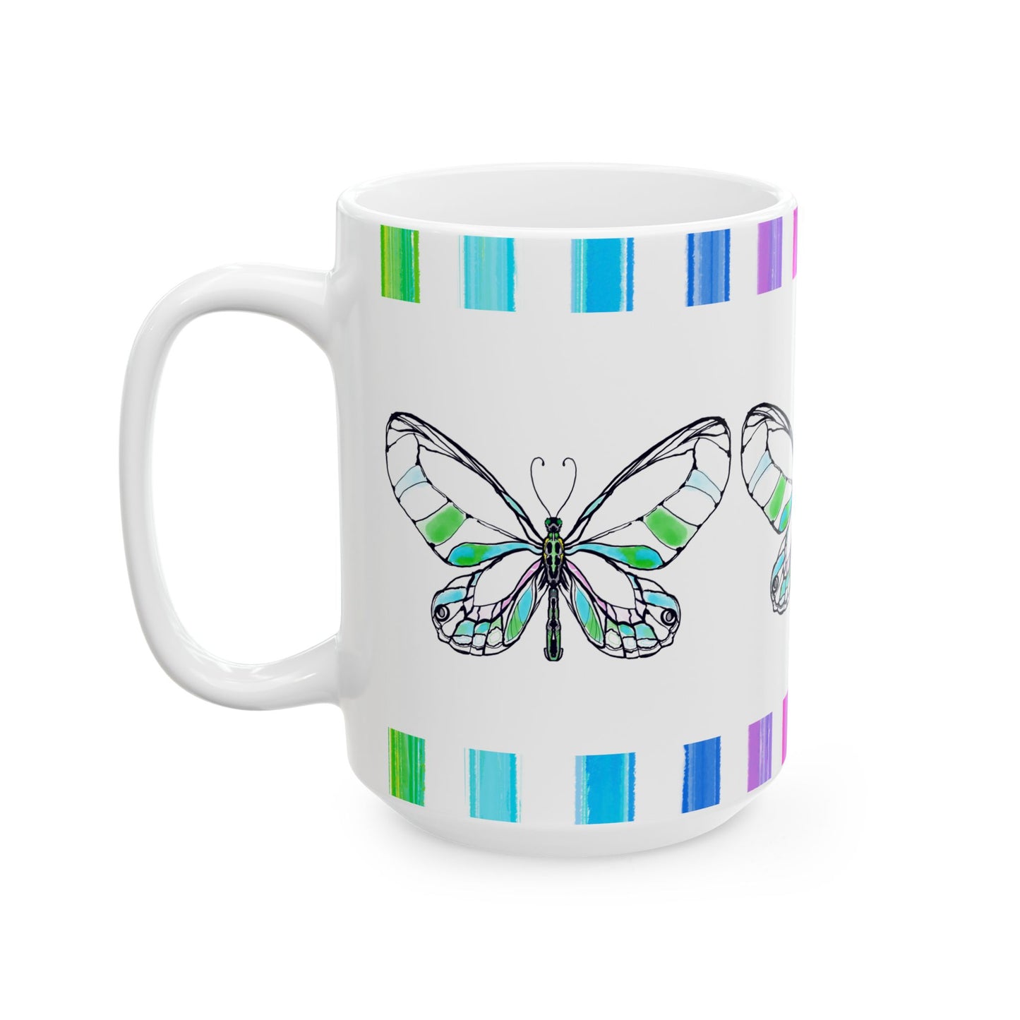 Butterfly Rainbow Stripe Ceramic Mug in Green with Multi-color Striped Border, (Available in 2 sizes 11oz and 15oz)