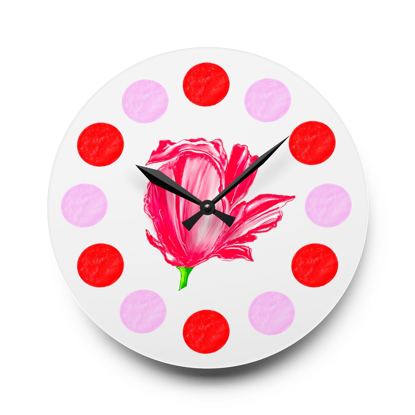 Tulip Love, Acrylic Wall Clock, Pink and Red polka dots Red tulip