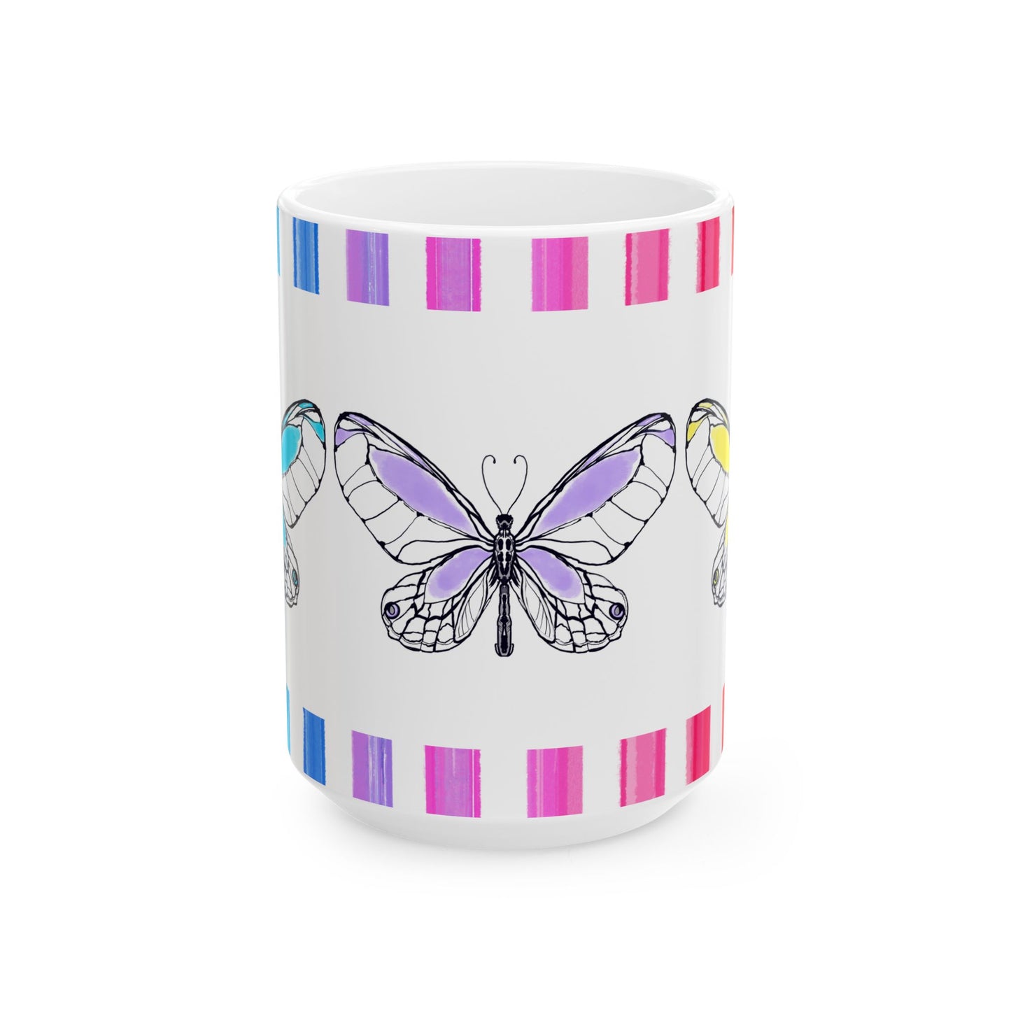 Butterfly Rainbow Stripe Ceramic Mug in Aqua, Lavender, and Yellow with Multi-color Striped Border, (Available in 2 sizes 11oz and 15oz)