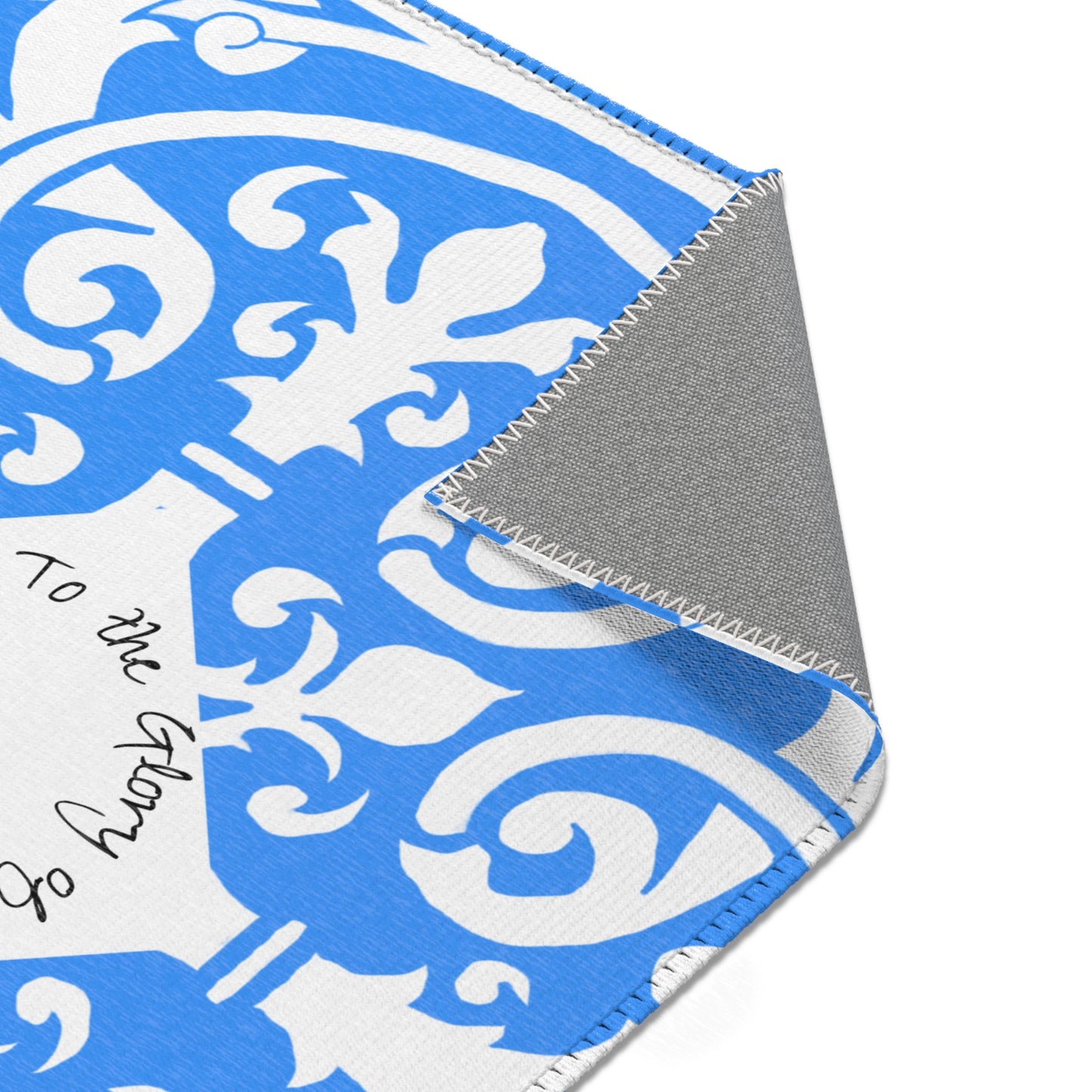 Scrollwork Indoor/Outdoor Rug Blue "Soli Deo Gloria..."