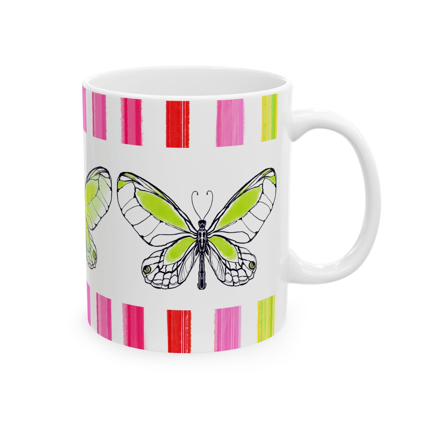 Butterfly Rainbow Stripe Ceramic Mug in Lime with Multi-color Striped Border, (Available in 2 sizes 11oz and 15oz)