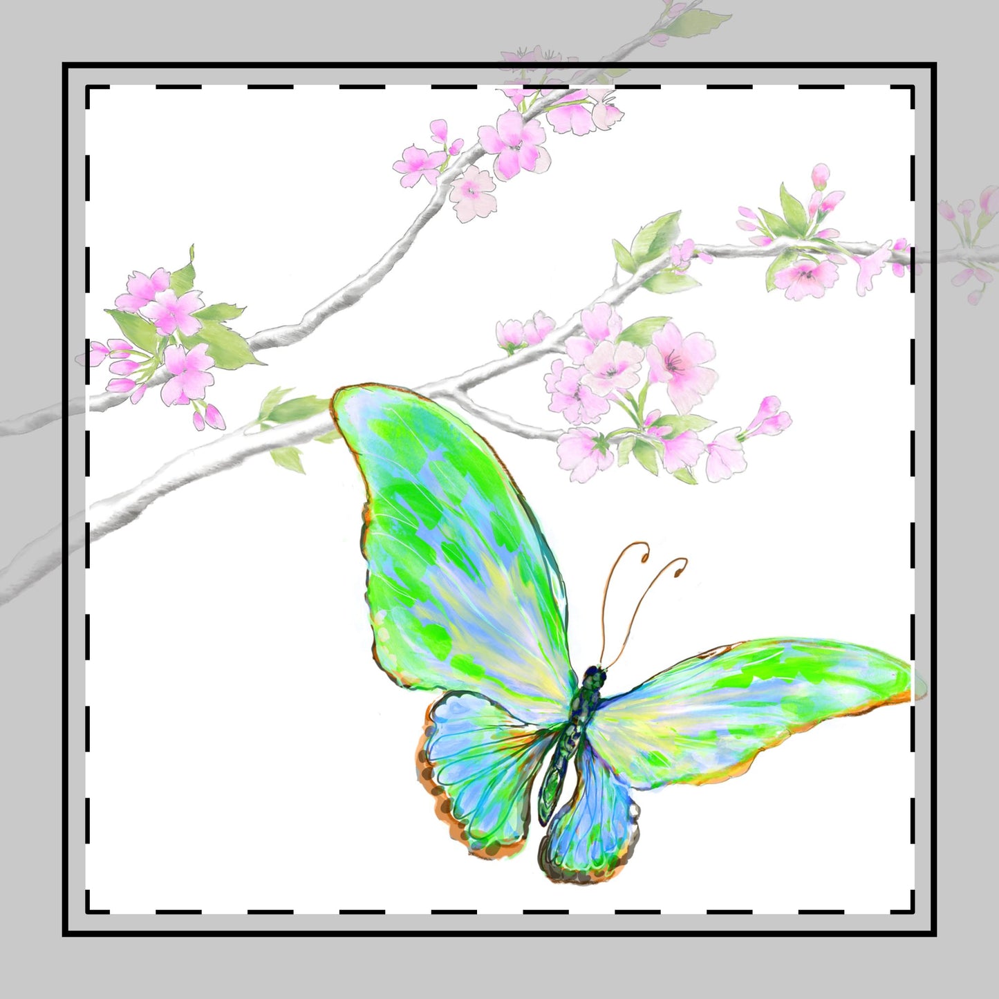 Butterfly Blossoms Glide Poly Twill Napkin in Green, Background Fabric Brighter White, #6