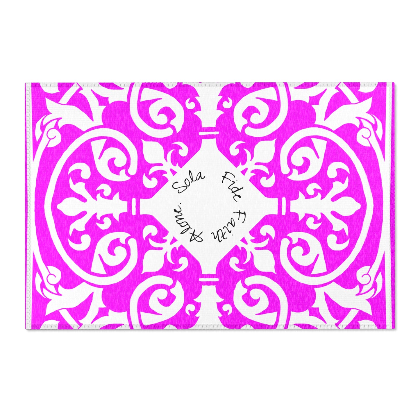 Scrollwork Indoor/Outdoor Rug Raspberry "Sola Fide..."