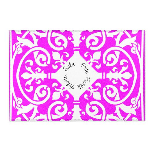 Scrollwork Indoor/Outdoor Rug Raspberry "Sola Fide..."