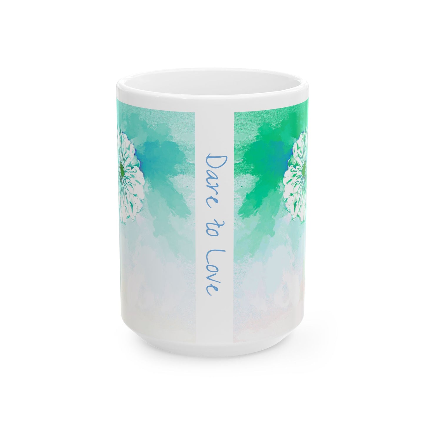 Zinnia Color Splash Mug Blue Green “Dare to Love”