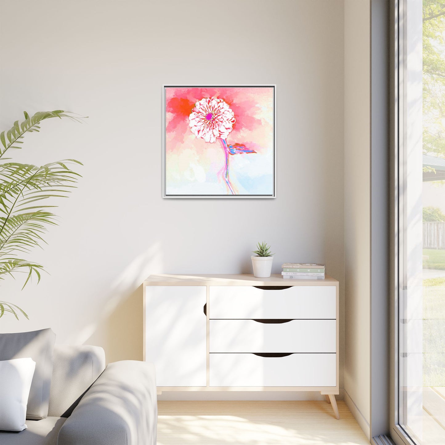 Zinnia Color Splash Matte Canvas Light Red Framed