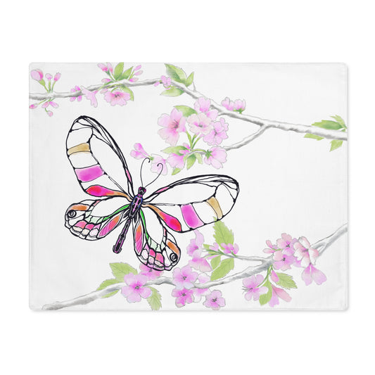 Butterfly Blossom Romp Cotton Twill Placemat, 1pc. Raspberry & Pink #5 Right side of table