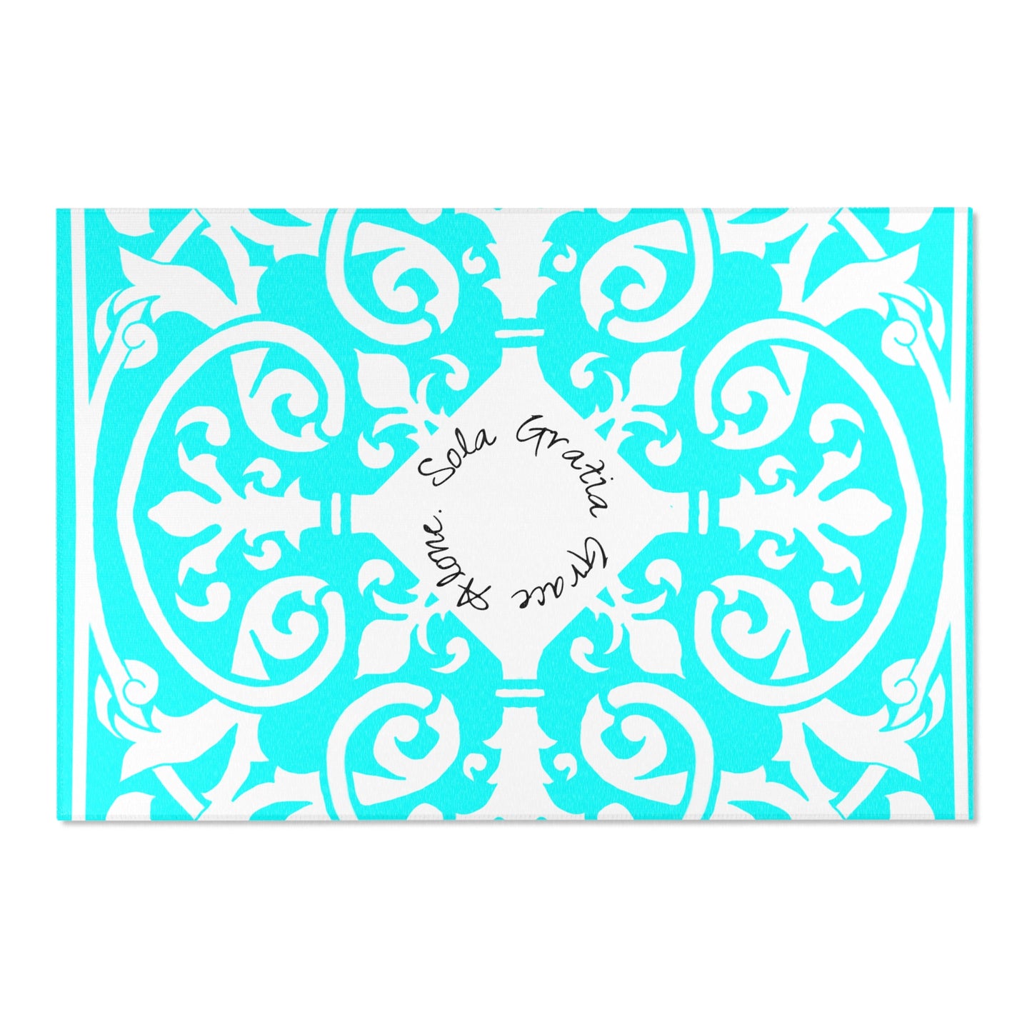 Scrollwork Indoor/Outdoor Rug Aqua "Sola Gratia..."