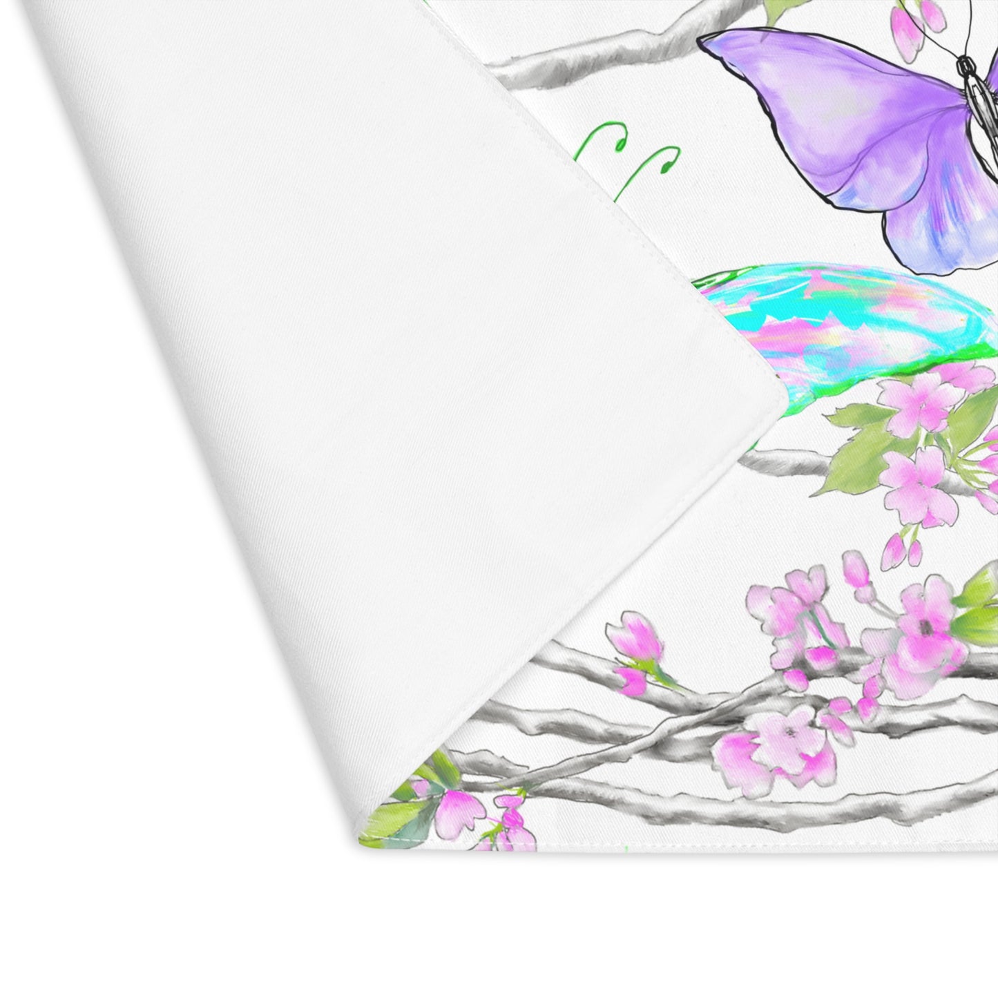 Butterfly Blossom Whirl Cotton Placemat, 1pc Blue, Fabric Background Creamy White, #4