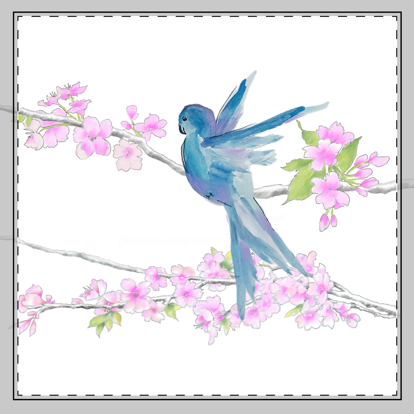 Blossoms & Birds in Blue Poly Twill Napkin , Background fabric Bright White