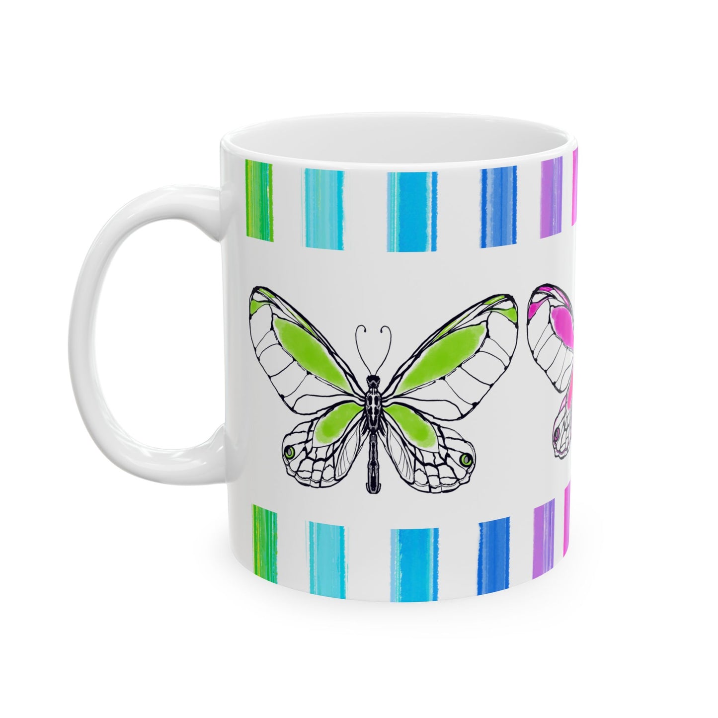 Butterfly Rainbow Stripe Ceramic Mug in Pink, Yellow, and Green with Multi-color Striped Border, (Available in 2 sizes 11oz and 15oz)