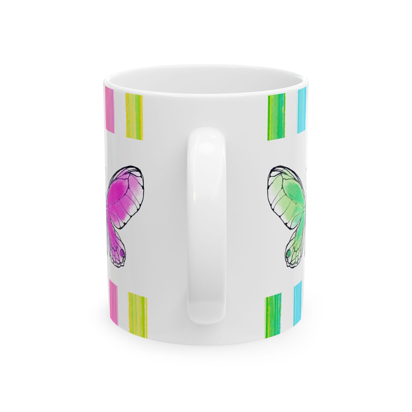 Butterfly Rainbow Stripe Ceramic Mug in Lavender, Pink, and Green with Multi-color Striped Border, (Available in 2 sizes 11oz and 15oz)