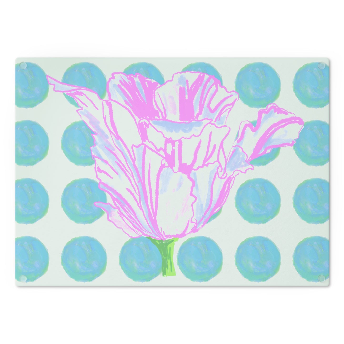 Dancing Tulips Cutting Board, Aqua Polka Dots