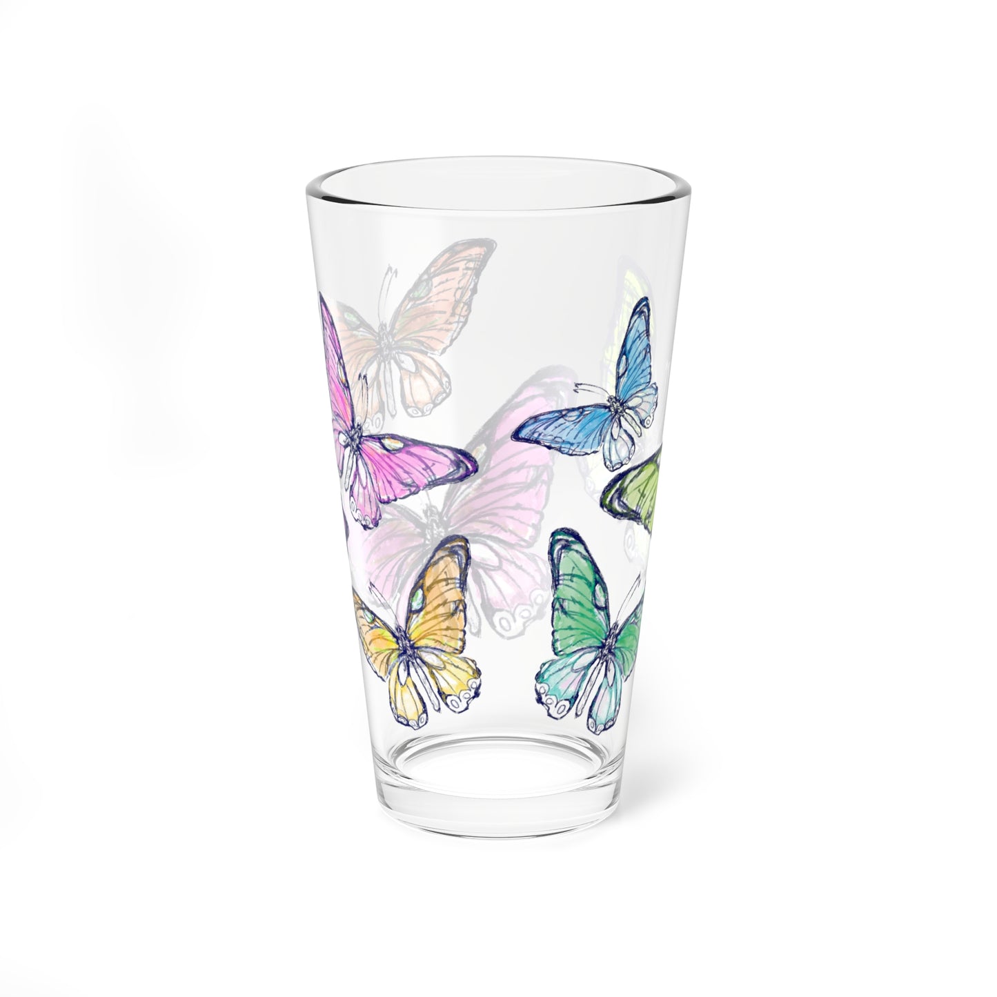 Blossom Whirl Pint Glass, 16oz Largest Butterfly is Pink