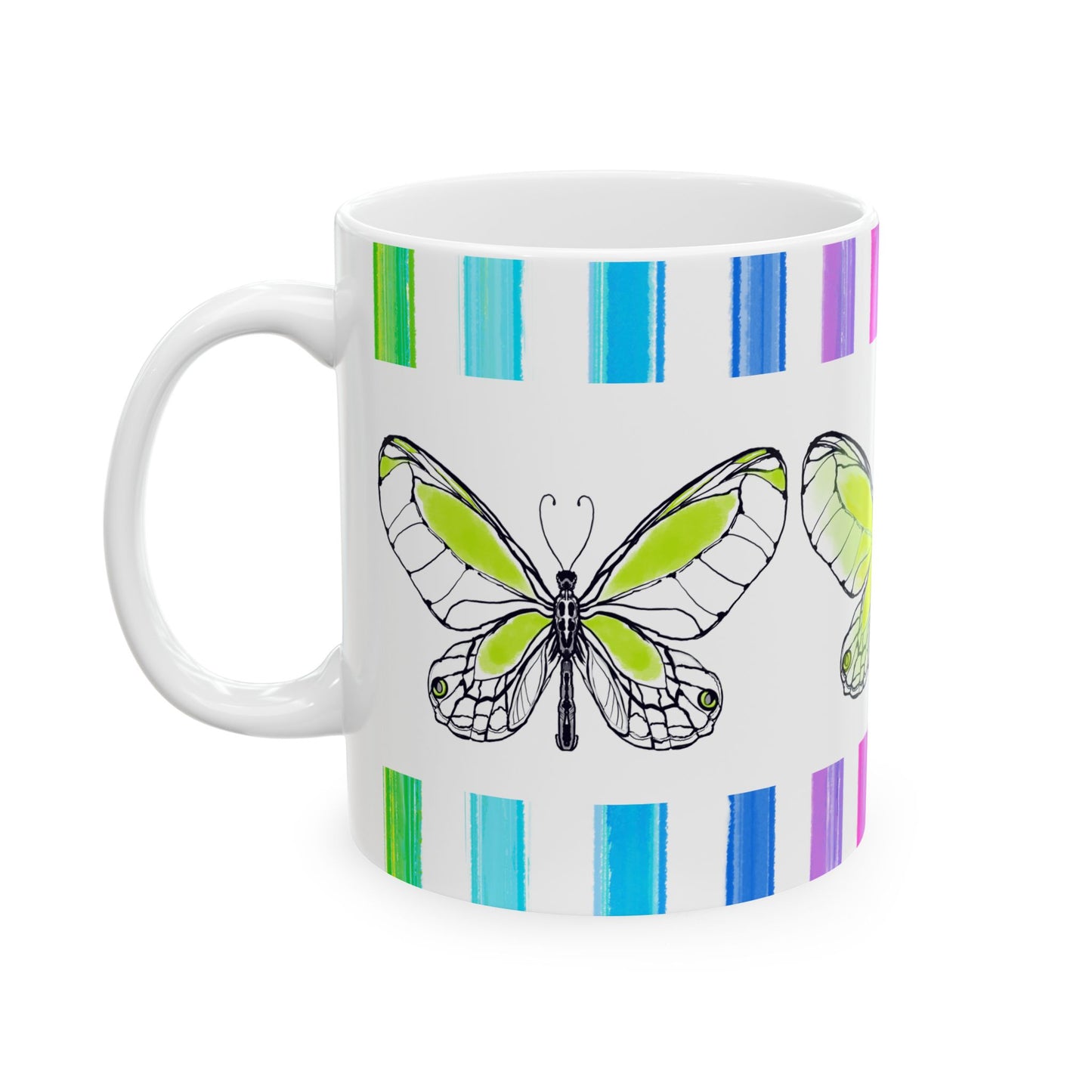 Butterfly Rainbow Stripe Ceramic Mug in Lime with Multi-color Striped Border, (Available in 2 sizes 11oz and 15oz)