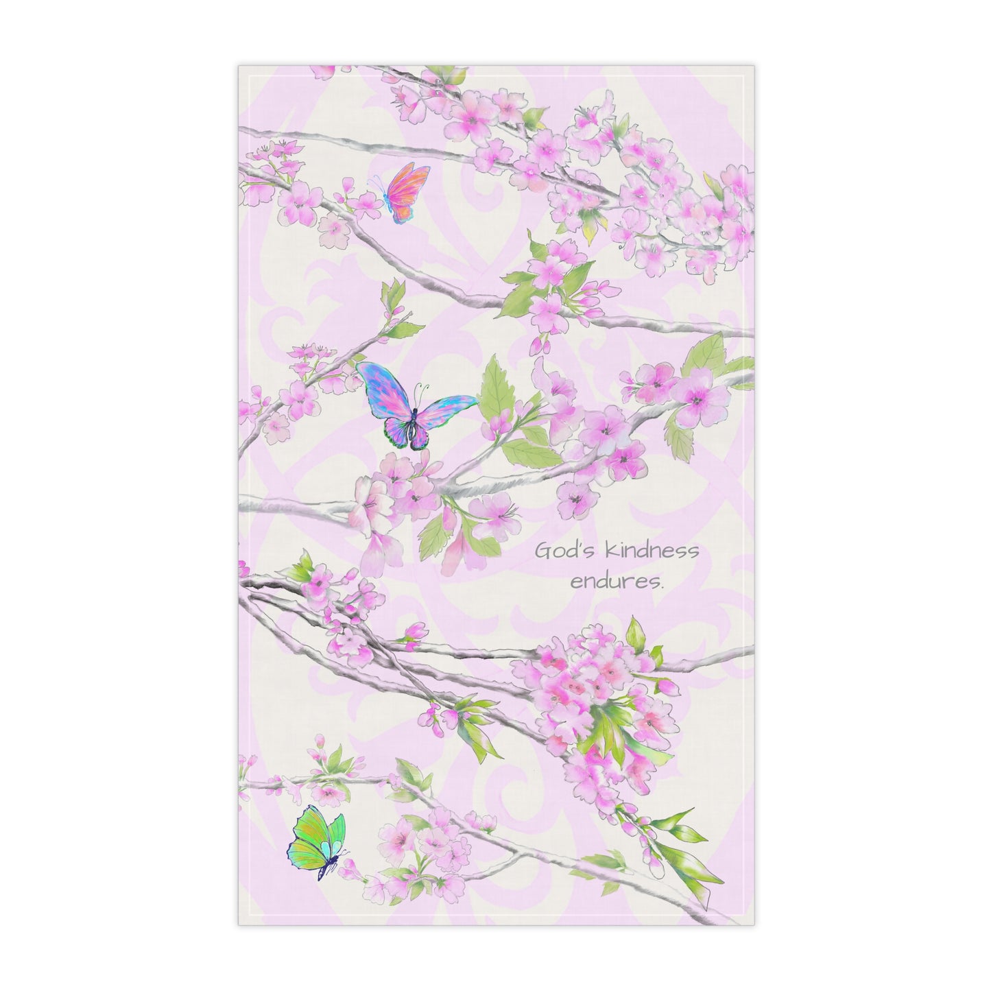 Cherry Blossom & Butterflies Tea Towels (cotton, poly) God's kindness endures.