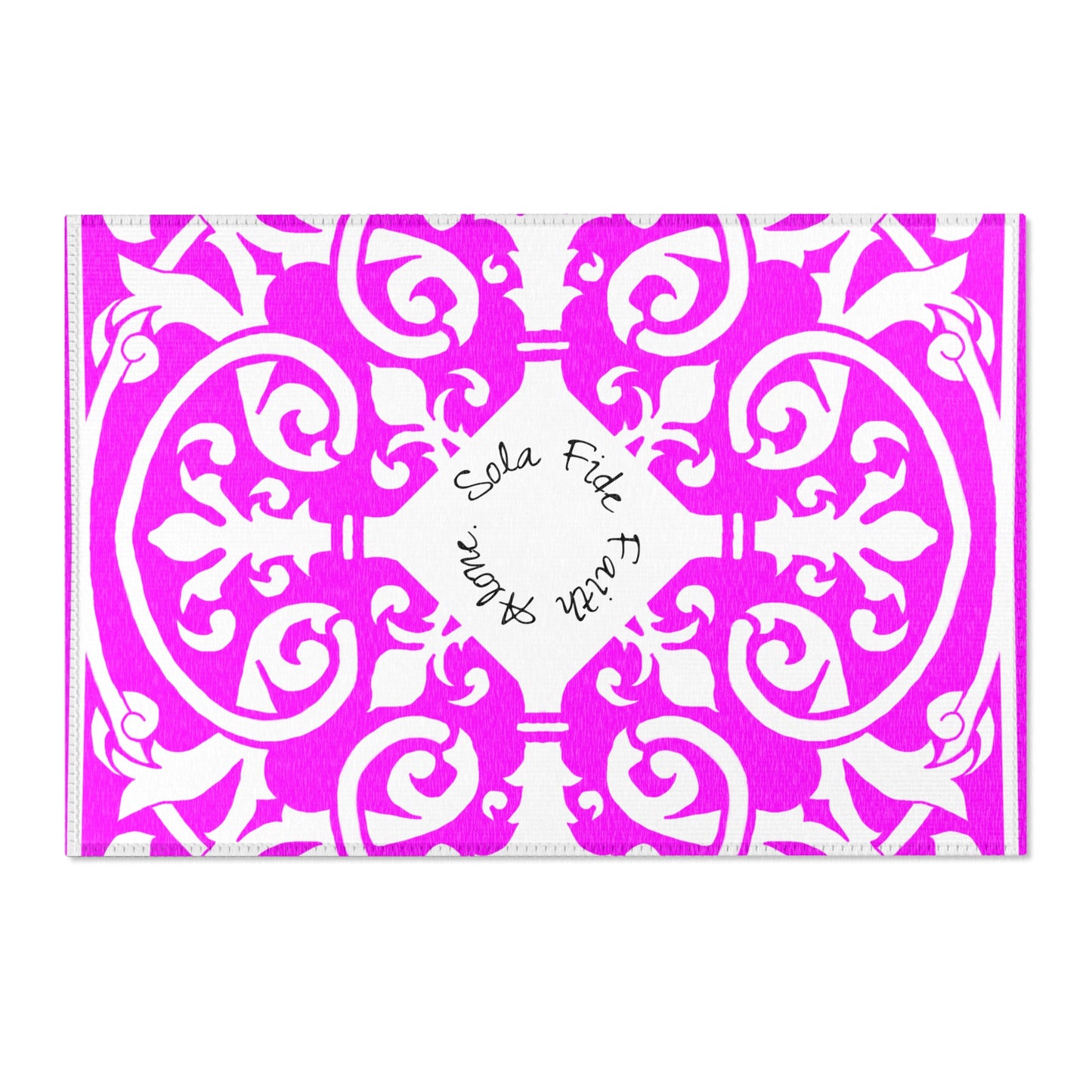 Scrollwork Indoor/Outdoor Rug Raspberry "Sola Fide..."