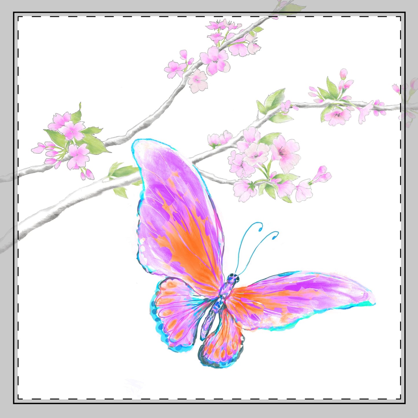 Butterfly Blossoms Glide Poly Twill Napkin in Orange& Purple, Background Brighter White ,#10