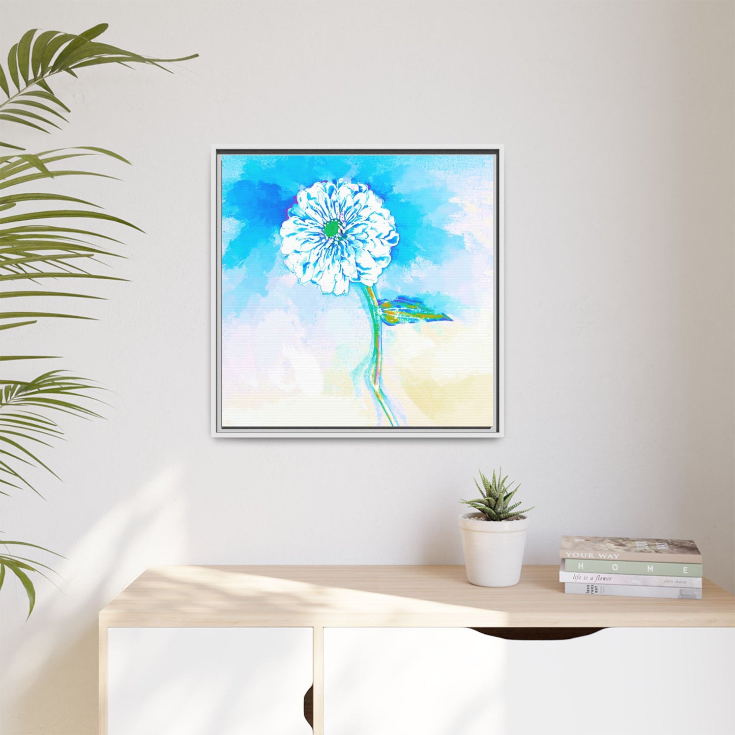 Zinnia Color Splash Matte Canvas Blue Aqua Framed