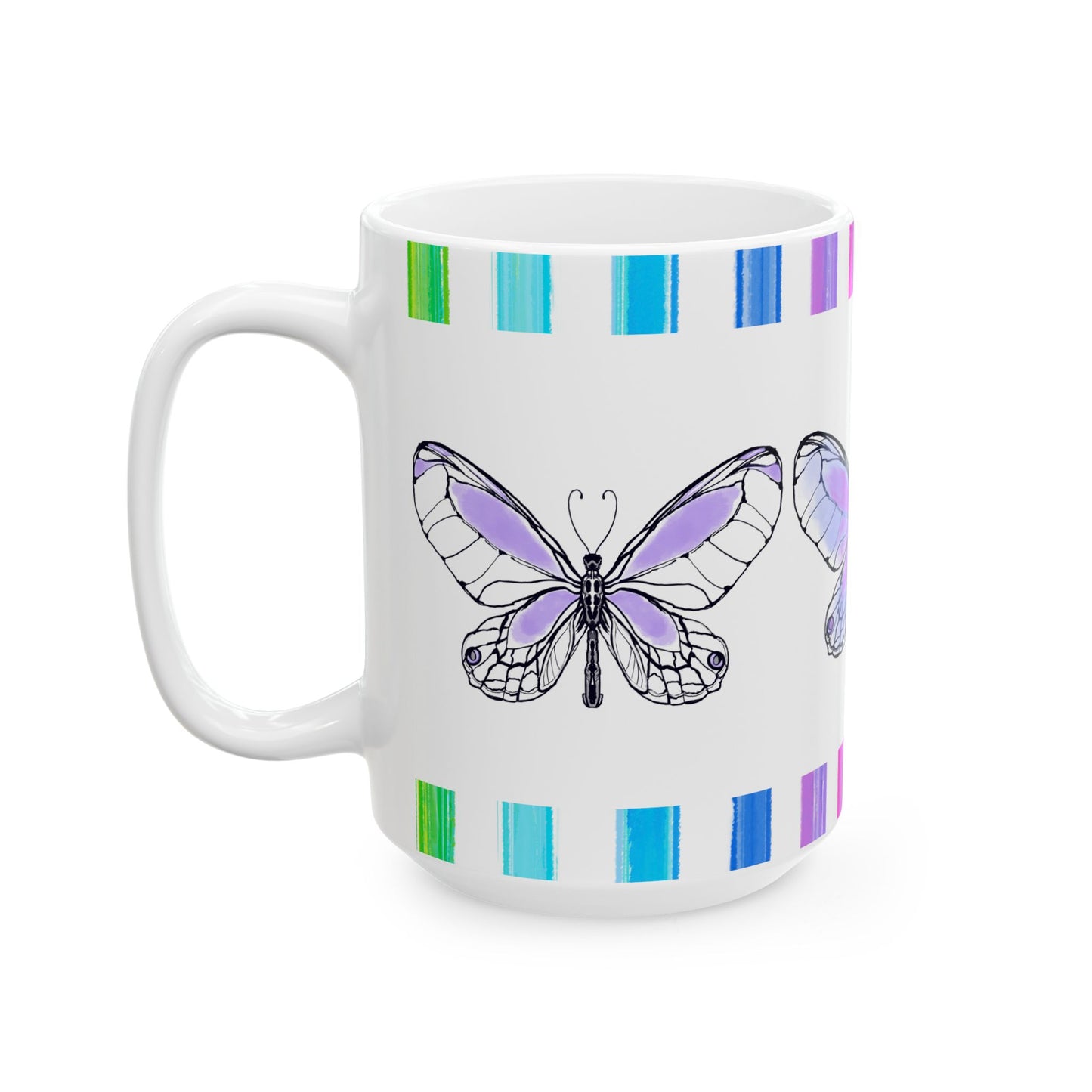 Butterfly Flutterstripe Ceramic Mug in Lavender with Multi-color Striped Border, (Available in 2 sizes 11oz and 15oz)