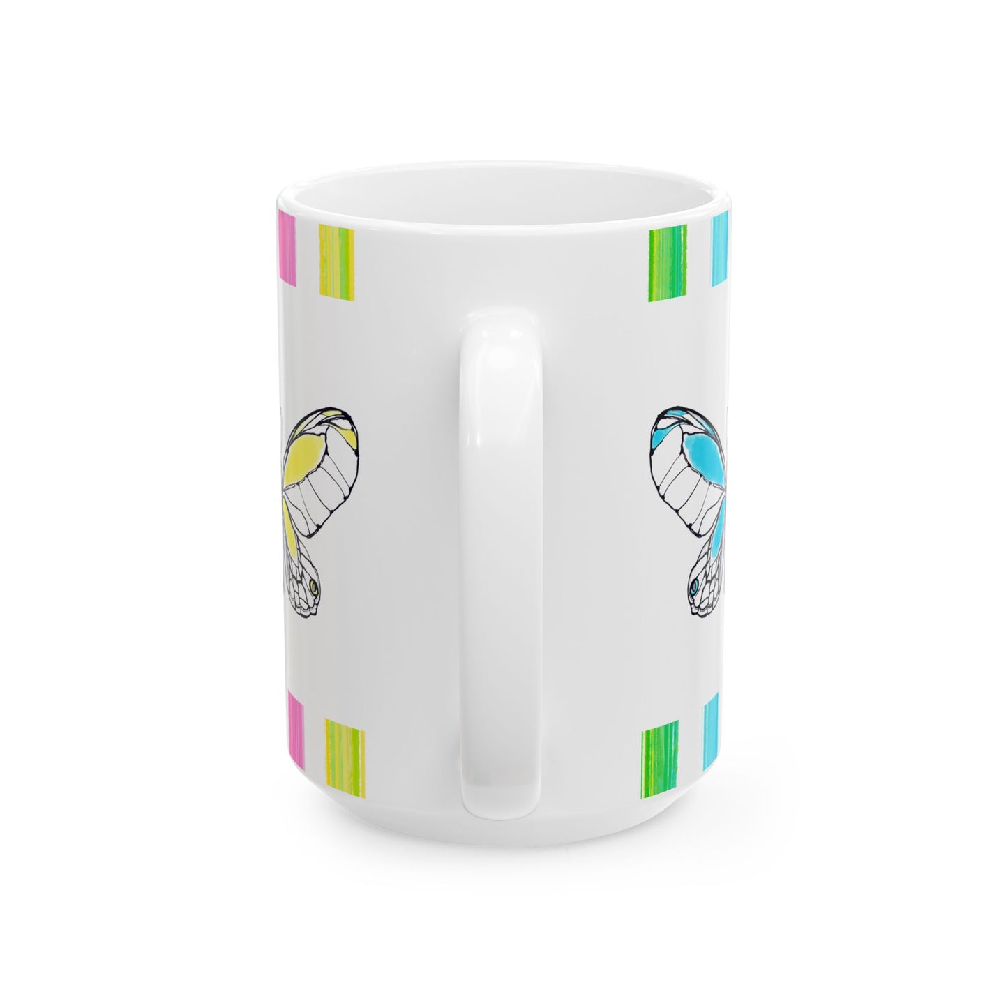 Butterfly Rainbow Stripe Ceramic Mug in Aqua, Lavender, and Yellow with Multi-color Striped Border, (Available in 2 sizes 11oz and 15oz)