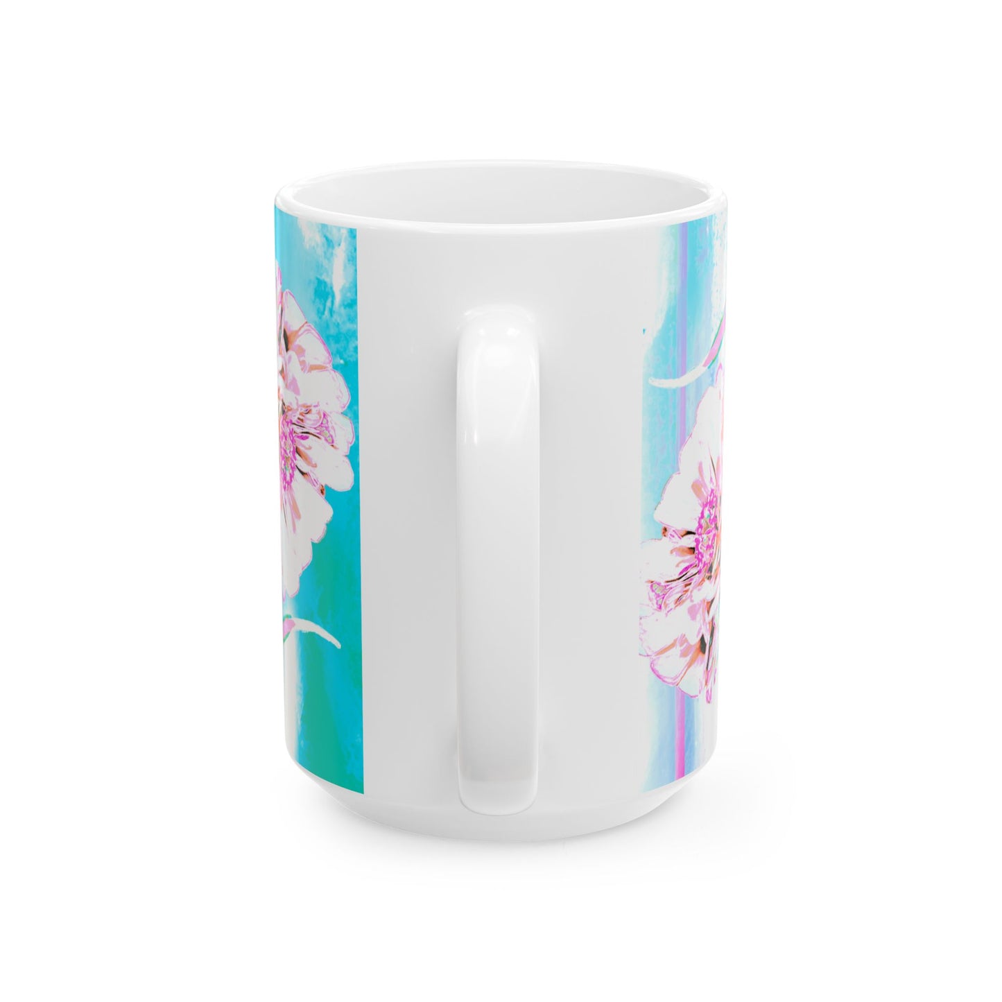 Zinnia Ceramic Mug Aqua Raspberry "A flower is a sermon to the humble heart "
