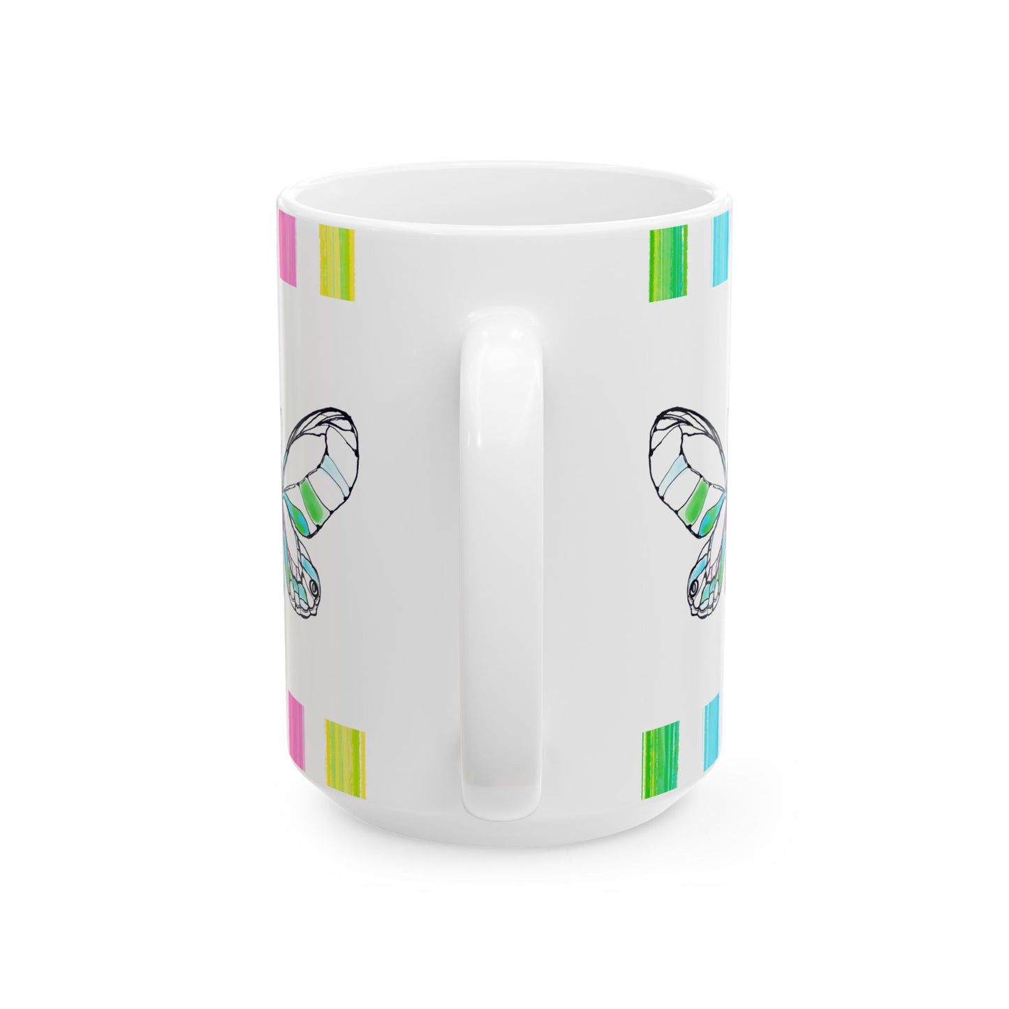 Butterfly Rainbow Stripe Ceramic Mug in Green with Multi-color Striped Border, (Available in 2 sizes 11oz and 15oz)
