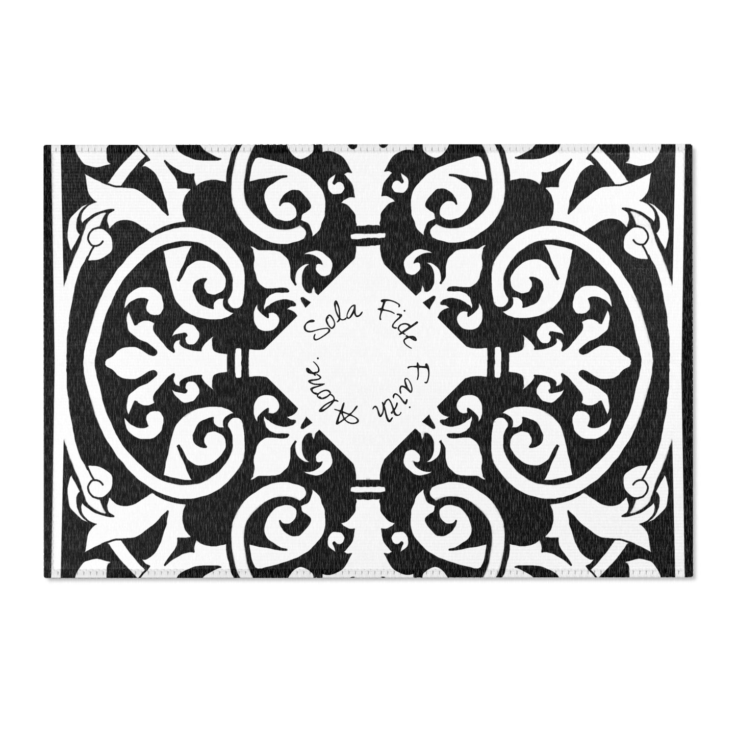 Scrollwork Indoor/Outdoor Rug Black "Sola Fide..."