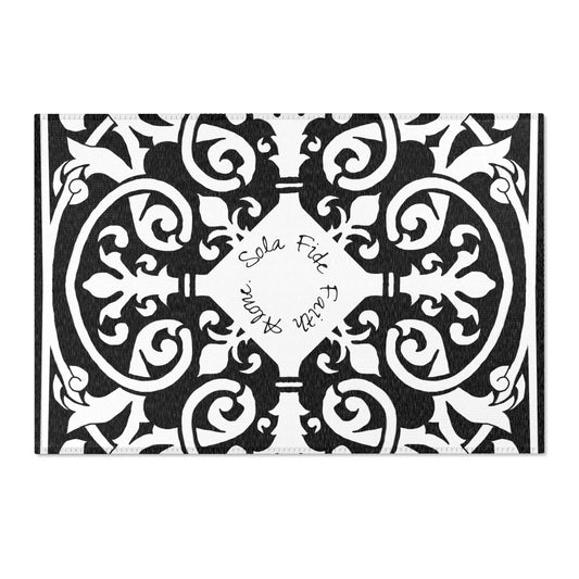 Scrollwork Indoor/Outdoor Rug Black "Sola Fide..."
